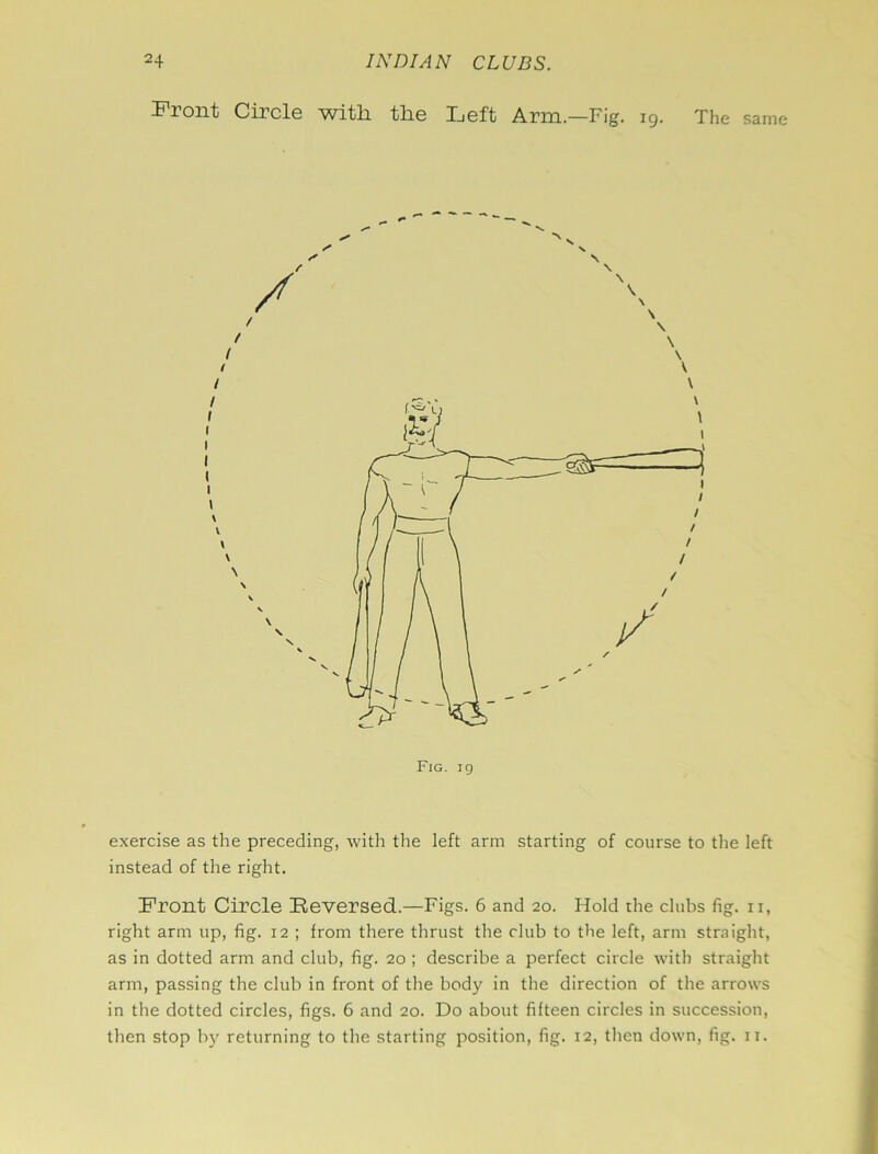 Fiont Circle witli tlie Left Arm.—Fig. 19. The same Fig. 19 exercise as the preceding, with the left arm starting of course to the left instead of the right. Front Circle Reversed.—Figs. 6 and 20. Hold the clubs fig. n, right arm up, fig. 12 ; from there thrust the club to the left, arm straight, as in dotted arm and club, fig. 20 ; describe a perfect circle with straight arm, passing the club in front of the body in the direction of the arrows in the dotted circles, figs. 6 and 20. Do about fifteen circles in succession, then stop by returning to the starting position, fig. 12, then down, fig. ir.