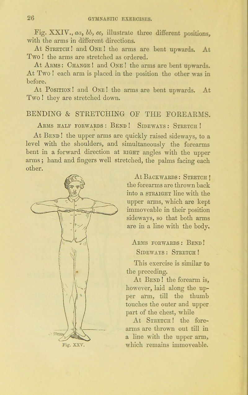 Fig. XXIV., aci, bb, cc, illustrate three different positions, with the arms in different directions. At Stretch ! and One 1 the arms are bent upwards. At Two ! the arms are stretched as ordered. At Arms : Change ! and One ! the arms are bent upwards. At Two ! each arm is placed in the position the other was in before. At Position ! and One ! the arms are bent upwards. At Two ! they are stretched down. BENDING & STRETCHING OF THE FOREARMS. Arms half forwards : Bend ! Sideways : Stretch ! « At Bend ! the upper arms are quickly raised sideways, to a level with the shoulders, and simultaneously the forearms bent in a forward direction at right angles with the upper arms ; hand and fingers well stretched, the palms facing each other. At Backwards: Stretch! the forearms are thrown back into a straight line with the upper arms, which are kept immoveable in their position sideways, so that both arms are in a line with the body. Arms forwards: Bend! Sideways : Stretch ! This exercise is similar to the preceding. At Bend ! the forearm is, however, laid along the up- per arm, till the thumb touches the outer and upper part of the chest, while At Stretch ! the fore- arms are thrown out till in a line with the upper arm, which remains immoveable.