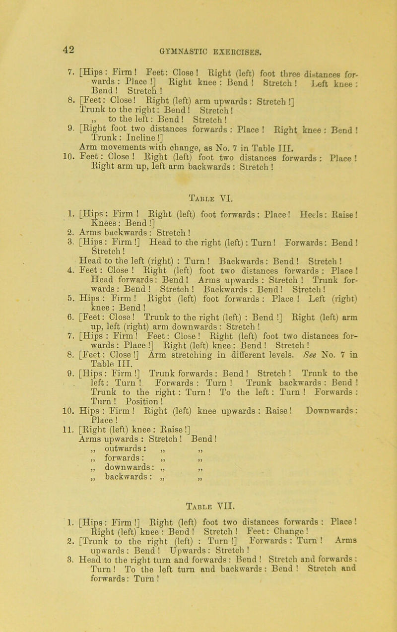 7. [Hips: Firm! Feet: Close! Bight (left) foot three di-.tances for- wards: Place!] Right knee: Bend! Stretch! Left knee: Bend ! Stretch ! 8. [Feet: Close! Right (left) arm upwards: Stretch!] Trunk to the right: Bend ! Stretch! „ to the left: Bend! Stretch ! 9. [Right foot two distances forwards : Place ! Right knee : Bend ! Trunk: Incline!] Arm movements with change, as No. 7 in Table III. 10. Feet: Close ! Right (left) foot two distances forwards : Place ! Right arm up, left arm backwards : Stretch ! Table VI. 1. [Hips: Firm ! Right (left) foot forwards: Place! Heels: Raise! Knees: Bend !] 2. Arms backwards : Stretch ! 3. [Hips: Firm!] Head to the right (left): Turn! Forwards: Bend! Stretch! Head to the left (right) : Turn ! Backwards : Bend ! Stretch ! 4. Feet : Close ! Right (left) foot two distances forwards : Place ! Head forwards: Bend! Arms upwards : Stretch ! Trunk for- wards : Bend ! Stretch ! Backwards : Bend! Stretch! 5. Hips : Firm ! Right (left) foot forwards : Place ! Left (right) knee : Bend ! 6. [Feet: Close! Trunk to the right (left) : Bend !] Right (left) arm up, left (right) arm downwards : Stretch ! 7. [Hips: Firm! Feet: Close! Right (left) foot two distances for- wards: Place!] Right (left) knee : Bend! Stretch! 8. [Feet: Close!] Arm stretching in different levels. See No. 7 in Table III. 9. [Hips : Firm !] Trunk forwards : Bend ! Stretch ! Trunk to the left: Turn ! Forwards : Turn ! Trunk backwards : Bend ! Trunk to the right : Turn ! To the left: Turn ! Forwards : Turn! Position! 10. Hips : Firm ! Right (left) knee upwards : Raise ! Downwards: Place ! 11. [Right (left) knee: Raise!] Arms upwards : Stretch ! Bend ! „ outwards: „ „ „ forwards: „ „ „ downwards: „ „ „ backwards: „ „ Table VII. 1. [Hips: Firm !] Right (left) foot two distances forwards : Place! Right (left) knee : Bend! Stretch! Feet: Change! 2. [Trunk to the right (left) : Turn !] Forwards : Turn ! Arms upwards: Bend! Upwards: Stretch! 3. Head to the right turn and forwards : Bend ! Stretch and forwards : Turn! To the left turn and backwards: Bend! Stretch and forwards: Turn!