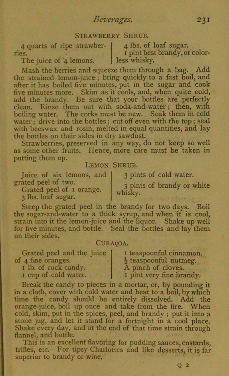 Strawberry Shrub. 4 quarts of ripe strawber- ries. The juice of ‘4 lemons. 4 lbs. of loaf sugar. I pint best brandy, or color- less whisky. Mash the berries and squeeze them through a bag. Add the strained lemon-juice ; bring quickly to a fast boil, and after it has boiled five minutes, put in the sugar and cook five minutes more. Skim as it cools, and, when quite cold, add the brandy. Be sure that your bottles are perfectly clean. Rinse them out with soda-and-water; then, with boiling water. The corks must be new. Soak them in cold water; drive into the bottles; cut off even with the top; seal with beeswax and rosin, melted in equal quantities, and lay the bottles on their sides in dry sawdust. Strawberries, preserved in any way, do not keep so w'ell as some other fruits. Hence, more care must be taken in putting them up. Lemon Shrub. Juice of six lemons, and grated peel of two. Grated peel of i orange. 3 lbs. loaf sugar. Steep the grated peel in the brandy for two days. Boil the sugar-and-water to a thick syrup, and when it is cool, strain into it the lemon-juice and the liquor. Shake up well for five minutes, and bottle. Seal the bottles and lay them on their sides. CURA90A. 3 pints of cold water. 3 pints of brandy or white whisky. Grated peel and the juice of 4 fine oranges. I lb. of rock candy. I cup of cold water. I teaspoonful cinnamon. 5 teaspoonful nutmeg. A pinch of cloves. I pint very fine brandy. Break the candy to pieces in a mortar, or, by pounding it in a cloth, cover with cold water and heat to a boil, by which time the candy should be entirely dissolved. Add the orange-juice, boil up once and take from the fire. When cold, skim, put in the spices, peel, and brandy ; put it into a stone jug, and let it stand for a fortnight in a cool place. Shake every day, and at the end of that time strain through flannel, and bottle. This' is an excellent flavoring for pudding sauces, custards, trifles, etc. For tipsy Charlottes and like desserts, it is far superior to brandy or wine. Q 2