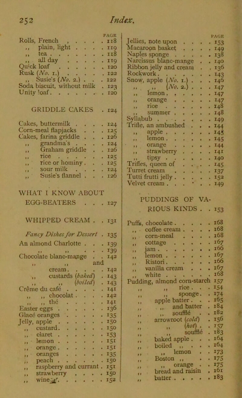 PAGE Rolls, French n8 ,, plain, light . . . .119 ,, tea 118 ,, all day 119 Qu'ck loaf 120 Rusk {No. I.) 122 ,, Susie's {No. 2.) . . . 122 Soda biscuit, without milk . 123 Unity loaf 120 GRIDDLE CAKES . 124 Cakes, buttermilk .... 124 Corn-meal flapjacks . . . 125 Cakes, farina griddle . . . 126 ,, grandma's .... 124 ,, Graham griddle . .126 ,, rice 125 ,, rice or hominy. . .125 ,, sour milk .... 124 ,. Susie's flannel . . .126 WHAT I KNOW' ABOUT EGG-BEATERS . . .127 Jellies, note upon . I'AGE • 153 Macaroon basket . . 149 Naples sDonee . . . 138 Narcissus blanc-mange . . 140 Ribbon jelly and cream . . 136 Rockwork. . . , Snow, apple (Aiu. i.j . 146 ,, ,, (A<?. 2.; . 147 ,, lemon. . . „ orange . . ,, rice . . . ,, summer . , Syllabub . . . . Trifle, an ambushed . 144 ,, apple , , , ,, lemon. . , . 145 ,, orange . . ,, strawberry . . 141 ,, tipsy . . . Trifles, queen of . • 145 Turret cream , . • 137 Tutti frutti jelly . , Velvet cream . . . . 149 PUDDINGS OF VA- RIOUS KINDS . . 153 WHIPPED CREAM . . 131 Fancy Dishes for Dessert . 135 An almond Charlotte . . . 139 .. 139 Chocolate blanc-majige . . 142 II II attfl cream 142 ,, custards {haied) . 143 I. II Creme du cafe 141 ,, ,, chocolat.... 142 ,, ,, thd 141 Easter eggs 136 Glac^ oranges 13S Jelly, apple 150 ,, custard 150 ,, claret iS3 ,, lemon 151 ,, orange 151 ,, oranges 13S ,, peach 150 ,, raspberry and currant. 151 ,, strawberry .... 150 ,, wine^' 152 Puffs, chocolate 168 coffee cream .... 168 corn-meal .... 168 cottage 167 jam 166 lemon 167 Ristori 166 vanilla cream . . . 167 white i68 Pudding, almond corn-starch 157 ,, rice ... 154 ,, sponge. . 174 apple batter. . . 165 „ and batter . 184 ,. souffle . . 182 arrowroot {co/d) . 156 II . • IS7 ,, souffle . 183 baked apple. . . 164 boiled I, ... 164 ,, lemon . . 173 Boston ,, . • 17S ,, orange . . 17S bread and raisin . i6r batter *83
