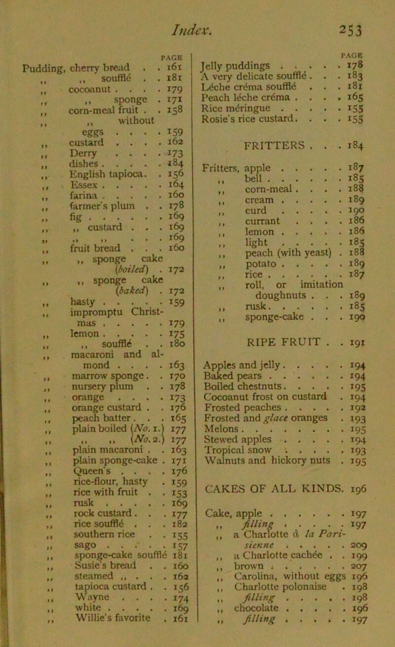 PAGE Pudding, cherry breud . . i6i ,, ,, souffld . . 181 ,, cocoanut .... 179 ,, sponge . 171 ,, corn-meal fruit . .158 „ without eggs .... 159 ,, custard .... 162 ,, Derry . . . . 173 ,, dishes *84 ,, English tapioca. . 156 ,, Esse.x 164 „ farina 160 ,, farmer’s plum . . 178 .. fig 169 ,, ,, custard . . . 169 169 ,, fruit bread . . . 160 ,, „ sponge cake (boiled) . 172 ,, ,, sponge cake (baked) . 172 „ hasty 159 ,, impromptu Christ- mas 179 lemon 175 ,, souffld . . 180 macaroni and al- mond .... 163 marrow sponge. . 170 nursery plum . . 178 orange . . . . 173 orange custard . . 176 peach batter. . . i6S plain boiled (No. i.) 177 ,. (No.a.) 177 plain macaroni . . 163 plain sponge-cake . 171 Queen’s . . . . 176 rice-flour, hasty 159 rice with fruit . . 153 rusk 169 rock custard. . • H77 rice souffld . . . 182 southern rice . . 155 sago 157 sponge-cake souffle i8i Susie’s bread . , . 160 steamed ,, . . , . 162 tapioca custard . , ■ 156 W'ayne . . . • 174 white .... . 169 Willie’s favorite . I6I p.Ace Jelly puddings . . _. . . 178 .\ very delicate souffle . . . 183 Ldche erdma souffld . . .181 Peach leche erdma .... 165 Rice mdringue 155 Rosie’s rice custard. . . . 155 FRITTERS . . .184 Fritters, apple 187 ,, bell i8s ,, corn-meal.... 188 ,, cream 189 ,, curd 190 ,, currant .... 186 ,, lemon 186 ,, light 185 ,, peach (with yeast) . i88 ,, potato 189 ,, rice 187 ,, roll, or imitation doughnuts . . . 189 ,, rusk 185 ,, sponge-cake . . . 190 RIPE FRUIT . . 191 Apples and jelly 194 Baked pears 194 Boiled chestnuts 195 Cocoanut frost on custard . 194 Frosted peaches 192 Frosted and glace oranges . 193 Melons 195 Stewed apples 194 Tropical snow 193 Walnuts and hickory nuts . 195 CAKES OF ALL KINDS. 196 Cake, apple 197 ,, filling 197 ,, a Charlotte a la Pari- sienne 209 ,, a Charlotte cachde . . 199 ,, brown 207 ,, Carolina, without eggs 196 ,, Charlotte polonaise . 198 „ filling 198 ,, chocolate 196 „ filling 197