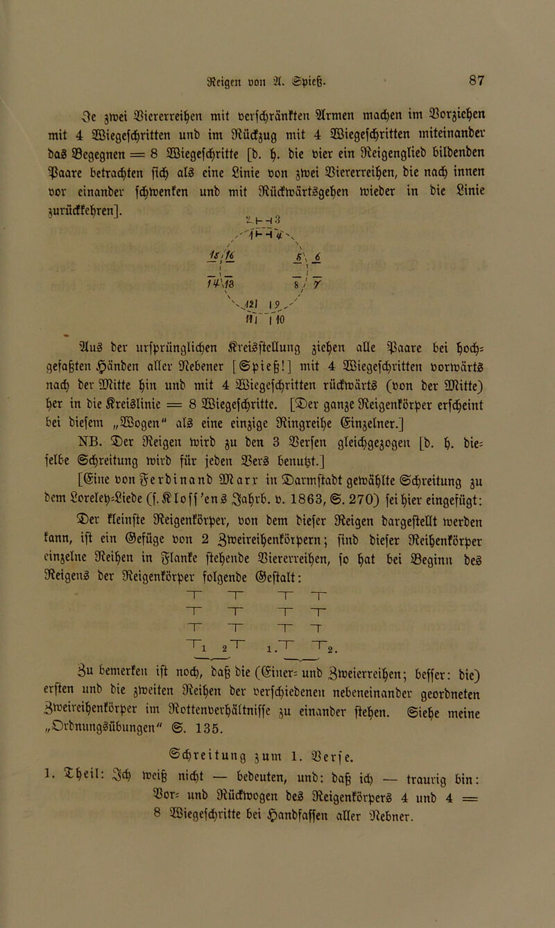 f>e jtüei Viererreihen mit bcrfd>ranften 9lrmen machen im Vorjichen mit 4 üöiegefdjritten unb im 9tüdjug mit 4 Siegefdjritten miteinanber bag Vegegnen = 8 2Biegefcf>ritte [b. h- bie hier ein Dleigenglieb bilbenben Vaare betrauten ftd) ah§ eine Sinie bon jtoei Viererreihen, bie nad) innen bor cinanber fdftbenfen unb mit 9türftbcirtggehen ftieber in bie Sinie 2L.I—13 / jS;f£ jS\ ± _! _ iv-M3 8 / r \ > S'^'I2I | V S Hl'HO Ülug bev urfpr£inglicf>en föreigftcHung gieren alle i)3aarc bei hod^ gefaxten .fpänben aller Unebener [ @^ie§! ] mit 4 Siegefdjritten bormärtg nach ber SCRitte hin unb mit 4 Siegefdjritten rüdmürtg (bon ber 9Ritte) I>er in bie ßreiglinic = 8 2Biegefd>ritte. [©er ganje fReigenförper erfcheint bei biefem „Sogen alg eine einzige fRingreihe (Sinjelner.] NB. ©er steigen ioirb ju ben 3 Verfen gleidfgejogeit [b. h- bie= felbe ©djreitung mirb für jeben Verg benutzt.] [©ine bon gerbinanb 2Rarr in ©armftabt gewählte @d)reitung ju bem Sorele^Siebe (f.ÄIoff'eng ^aljrb. b. 1863, 270) feiger eingefügt: ©er fleinfte fReigenförher, bon bem biefer Zeigen bargefMt merben fann, ift ein ©efüge bon 2 gtteireihenförpern; fiitb biefer fReihenlörper einzelne Steifen in f^Ianfe fte^enbe Viererreihen, fo hat bei ^Beginn bei Keigeng ber fReigenförper folgenbe ©eftalt: $uriidfehren]. Ti x.~r -r2. 3u bemerfen ift noch, baj? bie (@iner= unb Btoeierrcihen; beffer: bie) ersten unb bie jtoeiten fReihen ber berfd)iebeneu nebeneinanber georbneten Bmeireihenförper im fRottenberhättniffe ju einanber flehen, ©iehe meine „Orbnunggübungen ©. 135. ©threitung jum 1. Verfe. 1. ^heÜ- O’d) t®ei§ nidü — bebeuten, unb: ba§ ich — traurig bin: Vor= unb fRüdtoogen beg fReigenförperg 4 unb 4 == 8 Siegefdjritte bei jpanbfaffen aller fRebner.