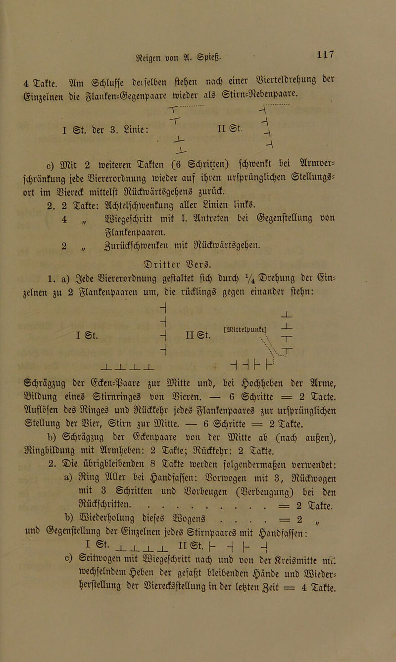 4 Safte. 91m ©bluffe bei feiten fielen nad) einer ©iertelbrefcung ber (Sinjelnen bie glaufen=@egenpaare lieber al8 ©tirmfRebenpaare. -r -V -r -> I @t. ber 3. Stnie: II ©t. c) 9Rit 2 Weiteren Saften (6 ©^ritten) fötoenft bei Slrmber* fdjränfung febe SBtererorbnung lieber auf iljren urfprünglicpen ©tellungg= ort im SBierecf mittelft SRMnjartägeljeng juriirf. 2. 2 Safte: 9ld)telfdjtbenfung aller Sinien linfö. 4 „ Sßicgefdjritt mit I. Eintreten bei ©egenftetlung bon glanfenpaarcn. 2 „ 3urüctfd&toen!en mit $Rü<froärt8ge§en. dritter 93er§. 1. a) Siebe fBiererorbnung geftaltet fid) burdj % SDreljung ber @in= jelnen ju 2 fytanfenpaaren um, bie rürfling§ gegen einanber ftetjn: H i ©t. H H H ii ©t. [SDlittelpunJt] ~M b H ©djragjug ber (Scfem^aare jur SRitte unb, bei .Ipodjljeben ber 9trme, Silbung eines ©tirnringe§ bon Vieren. — 6 ©djrittc = 2 Sacte. 9luflöfen beä SRingeä unb fRücffeljr jebe§ ^lanfenpaarel jur urfpriinglidjen ©teüung ber 23ier, ©tim jur 9Ritte. — 6 ©dritte = 2 Safte. b) ©djragjug ber ©efenpaare bon ber ÜRitte ab (nad) außen), fRingbilbung mit 9Irmf)ebett: 2 Safte; SRüdfeljr: 2 Safte. 2. S)ie übrigbleibenben 8 Safte tuerben folgcnbermaßen bertoenbet: a) fRiug 9111er bei jpanbfaffeu: 93orlbogen mit 3, fRüdtnogeu mit 3 ©djritten unb Vorbeugen (93erbeugung) bei ben fRüdfdjritten = 2 Safte. b) Sßieberljolung biefe3 SBogeng . — 2 „ unb ©egenftellung bet ©njelnen jebeS ©tirnpaarc« mit £anbfaffen: 1 @t- j—i—i l net. b H b H c) ©eittoegen mit 2ßiegefd)ritt nad) unb bon ber ÄreiSmitte tml toedjfelnbem £>eben ber gefaßt bleibenben Ipänbe unb Sßieber= Ijerftetlung ber 93ierecf^fteUung in ber letzten geit = 4 Safte.