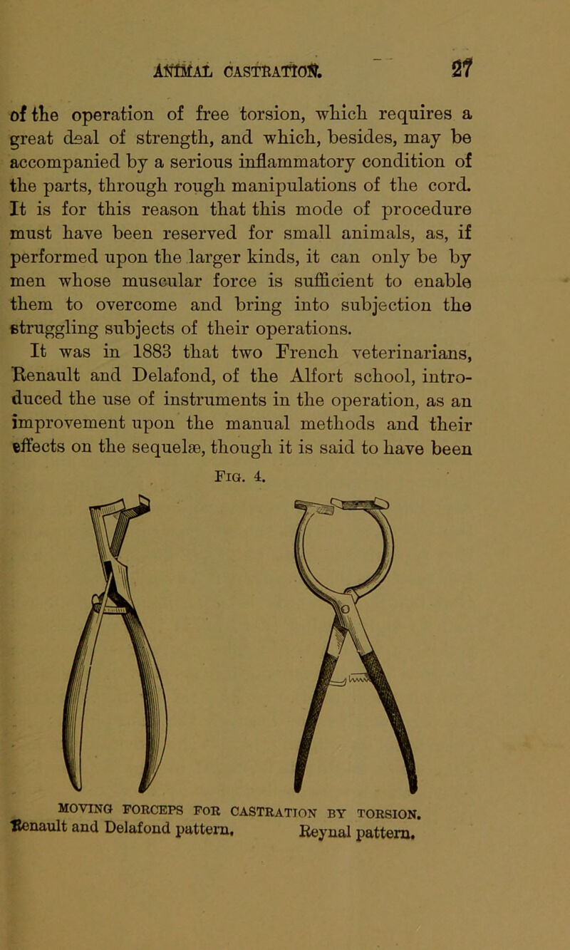 of the operation of free torsion, which requires a great deal of strength, and which, besides, may be accompanied by a serious inflammatory condition of the parts, through rough manipulations of the cord. It is for this reason that this mode of procedure must have been reserved for small animals, as, if performed upon the larger kinds, it can only be by men whose muscular force is sufficient to enable them to overcome and bring into subjection the struggling subjects of their operations. It was in 1883 that two French veterinarians, Renault and Delafond, of the Alfort school, intro- duced the use of instruments in the operation, as an improvement upon the manual methods and their effects on the sequelae, though it is said to have been Fig. 4. MOVING FORCEPS FOR CASTRATION BY TORSION. •Renault and Delafond pattern, Eeynal pattern.