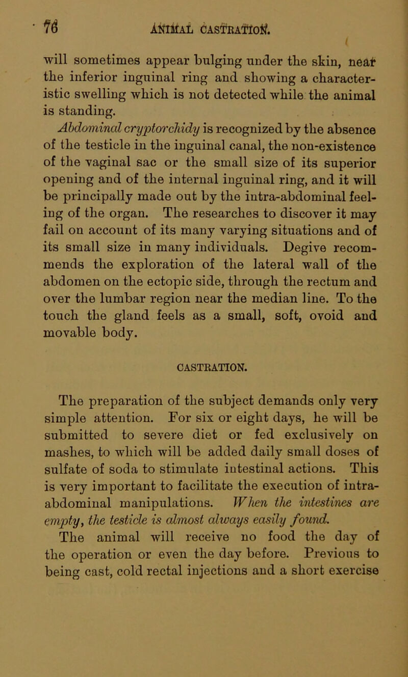 will sometimes appear bulging under tlie skin, neat the inferior inguinal ring and showing a character- istic swelling which is not detected while the animal is standing. Abdominal cryptorchidy is recognized by the absence of the testicle in the inguinal canal, the non-existence of the vaginal sac or the small size of its superior opening and of the internal inguinal ring, and it will be principally made out by the intra-abdominal feel- ing of the organ. The researches to discover it may fail on account of its many varying situations and of its small size in many individuals. Degive recom- mends the exploration of the lateral wall of the abdomen on the ectopic side, through the rectum and over the lumbar region near the median line. To the touch the gland feels as a small, soft, ovoid and movable body. CASTRATION. The preparation of the subject demands only very simple attention. For six or eight days, he will be submitted to severe diet or fed exclusively on mashes, to which will be added daily small doses of sulfate of soda to stimulate intestinal actions. This is very important to facilitate the execution of intra- abdominal manipulations. When the intestines are empty, the testicle is almost always easily found. The animal will receive no food the day of the operation or even the day before. Previous to being cast, cold rectal injections and a short exercise