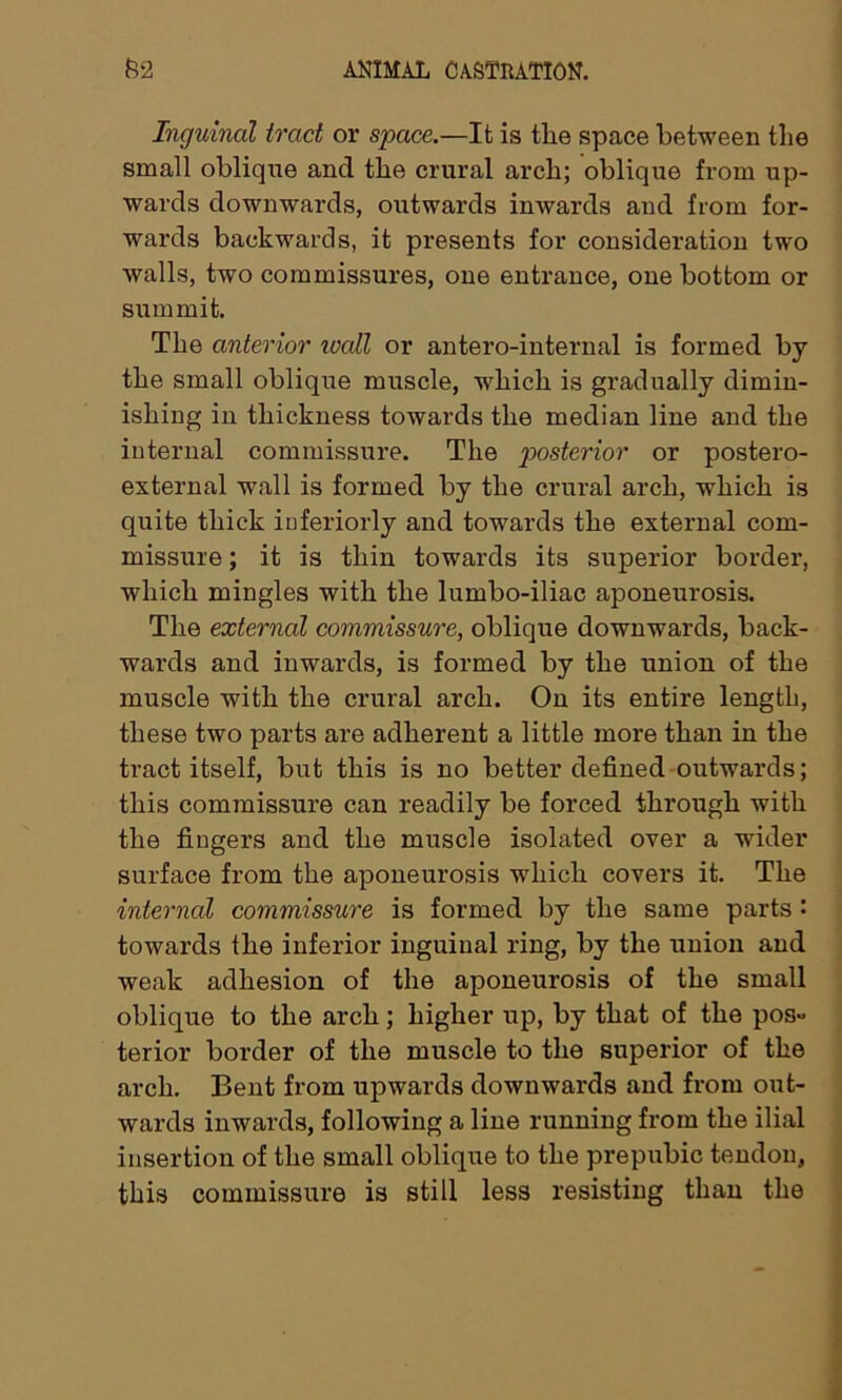 Inguinal tract or space.—It is the space between the small oblique and the crural arch; oblique from up- wards downwards, outwards inwards and from for- wards backwards, it presents for consideration two walls, two commissures, one entrance, one bottom or summit. The anterior toall or antero-internal is formed by the small oblique muscle, which is gradually dimin- ishing in thickness towards the median line and the internal commissure. The posterior or postero- external wall is formed by the crural arch, which is quite thick interiorly and towards the external com- missure ; it is thin towards its superior border, which mingles with the lumbo-iliac aponeurosis. The external commissure, oblique downwards, back- wards and inwards, is formed by the union of the muscle with the crural arch. On its entire length, these two parts are adherent a little more than in the tract itself, but this is no better defined outwards; this commissure can readily be forced through with the fingers and the muscle isolated over a wider surface from the aponeurosis which covers it. The internal commissure is formed by the same parts : towards the inferior inguinal ring, by the union and weak adhesion of the aponeurosis of the small oblique to the arch; higher up, by that of the pos- terior border of the muscle to the superior of the arch. Bent from upwards downwards and from out- wards inwards, following a line running from the ilial insertion of the small oblique to the prepubic tendon, this commissure is still less resisting than the