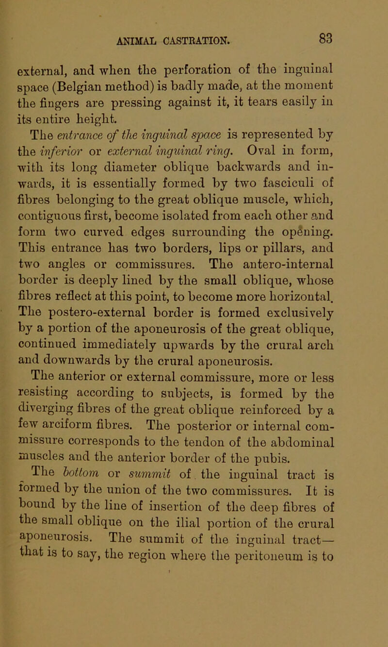 external, and when the perforation of the inguinal space (Belgian method) is badly made, at the moment the fingers are pressing against it, it tears easily in its entire height. The entrance of the inguinal space is represented by the inferior or external inguinal ring. Oval in form, with its long diameter oblique backwards and in- wards, it is essentially formed by two fasciculi of fibres belonging to the great oblique muscle, which, contiguous first, become isolated from each other and form two curved edges surrounding the opening. This entrance has two borders, lips or pillars, and two angles or commissures. The antero-internal border is deeply lined by the small oblique, whose fibres reflect at this point, to become more horizontal. The postero-external border is formed exclusively by a portion of the aponeurosis of the great oblique, continued immediately upwards by the crural arch and downwards by the crural aponeurosis. The anterior or external commissure, more or less resisting according to subjects, is formed by the diverging fibres of the great oblique reinforced by a few arciform fibres. The posterior or internal com- missure corresponds to the tendon of the abdominal muscles and the anterior border of the pubis. The bottom or summit of the inguinal tract is formed by the union of the two commissures. It is bound by the line of insertion of the deep fibres of the small oblique on the ilial portion of the crural aponeurosis. The summit of the inguinal tract— that is to say, the region where the peritoneum is to