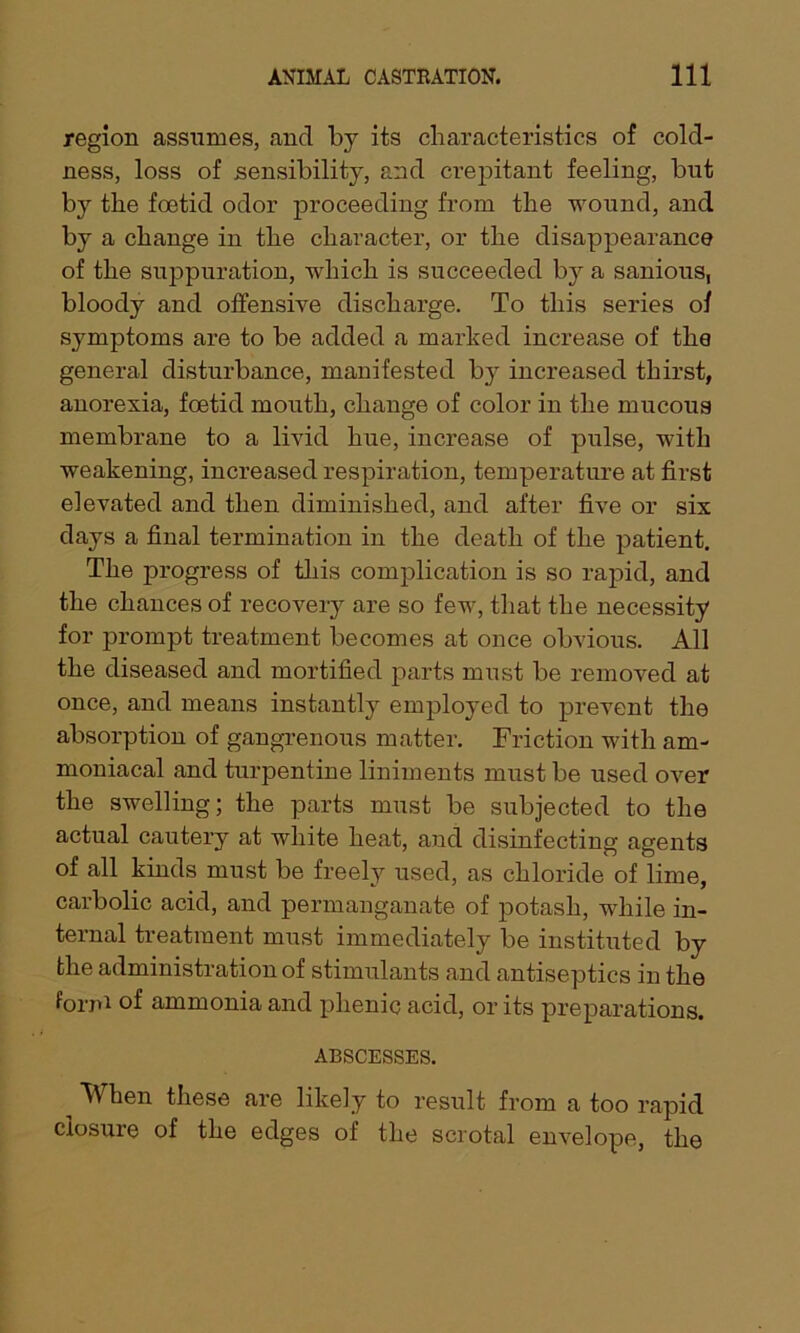 region assumes, and by its characteristics of cold- ness, loss of sensibility, and crepitant feeling, but by the foetid odor proceeding from the wound, and by a change in the character, or the disappearance of the suppuration, which is succeeded by a sanious, bloody and offensive discharge. To this series of symptoms are to be added a marked increase of the general disturbance, manifested by increased thirst, anorexia, foetid mouth, change of color in the mucous membrane to a livid hue, increase of pulse, with weakening, increased respiration, temperature at first elevated and then diminished, and after five or six days a final termination in the death of the patient. The progress of this complication is so rapid, and the chances of recovery are so few, that the necessity for prompt treatment becomes at once obvious. All the diseased and mortified parts must be removed at once, and means instantly employed to prevent the absorption of gangrenous matter. Friction with am- moniacal and turpentine liniments must be used over the swelling; the parts must be subjected to the actual cautery at white heat, and disinfecting agents of all kinds must be freely used, as chloride of lime, carbolic acid, and permanganate of potash, while in- ternal treatment must immediately be instituted by the administration of stimulants and antiseptics in the forni of ammonia and plienic acid, or its preparations. ABSCESSES. ^ When these are likely to result from a too rapid closure of the edges of the scrotal envelope, the