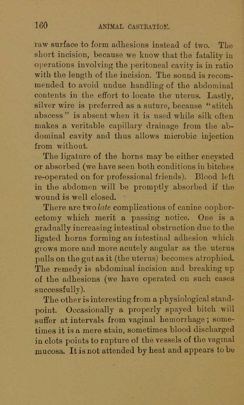 raw surface to form adhesions instead of two. The short incision, because we know that the fatality in operations involving the peritoneal cavity is in ratio with the length of the incision. The sound is recom- mended to avoid undue handling of the abdominal contents in the effort to locate the uterus. Lastly, silver wire is preferred as a suture, because “stitch abscess ” is absent when it is used while silk often makes a veritable capillary drainage from the ab- dominal cavity and thus allows microbic injection from without. The ligature of the horns may be either encysted or absorbed (we have seen both conditions in bitches re-operated on for professional friends). Blood left in the abdomen will be promptly absorbed if the wound is well closed. There are two late complications of canine oophor- ectomy which merit a passing notice. One is a gradually increasing intestinal obstruction due to the ligated horns forming an intestinal adhesion which grows more and more acutely angular as the uterus pulls on the gut as it (the uterus) becomes atrophied. The remedy is abdominal incision and breaking up of the adhesions (we have operated on such cases successfully). The other is interesting from a physiological stand- point. Occasionally a properly spayed bitch will suffer at intervals from vaginal hemorrhage; some- times it is a mere stain, sometimes blood discharged in clots points to rupture of the vessels of the vaginal mucosa. It is not attended by heat and appears to be
