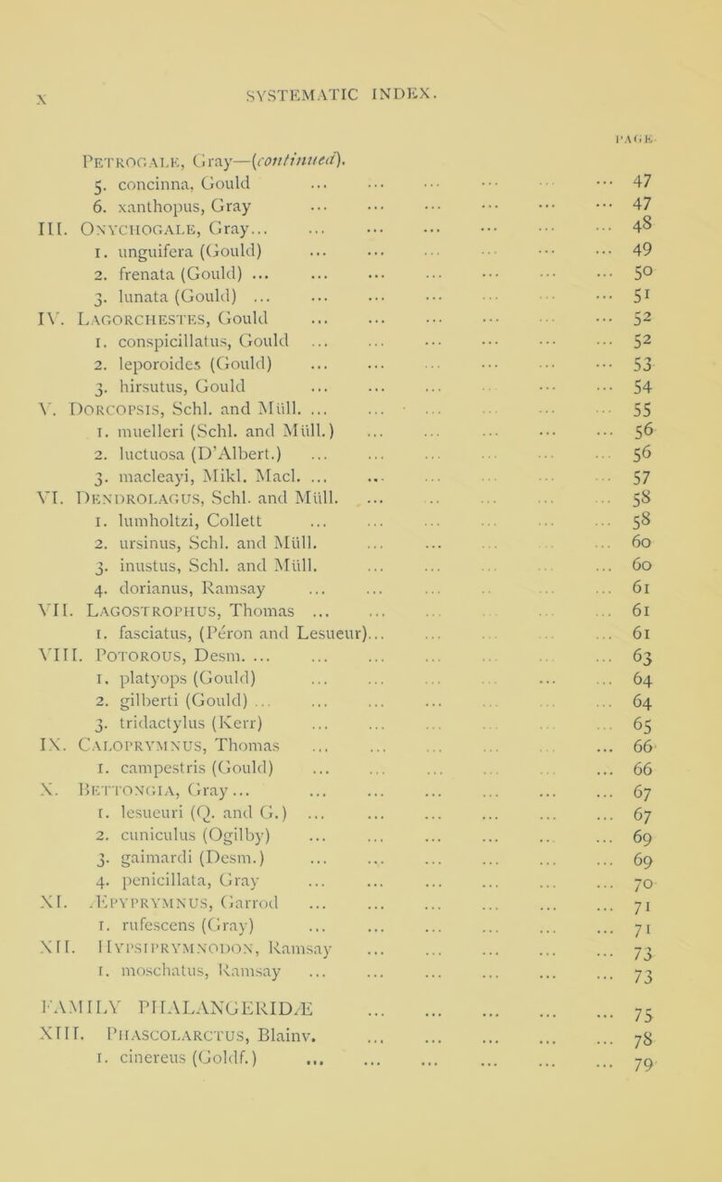 Petrogale, Gray—{coutinued). 5. conciiina, Gould 6. xanthopus, Gray III. OxYcnOGALE, Gray 1. unguifera (Gould) 2. frenata (Gould) ... 3. lunata (Gould) ... I\'. Lagorciiestes, Gould 1. conspicillatu.^, Gould 2. leporoides (Gould) 3. hirsutus, Gould \'. Dorcopsis, Schl. and Mull. ... 1. muelleri (Schl. and Mull.) 2. luctuosa (D’Albert.) 3. macleayi, Mikl. Mad. ... VI. Denoroi.agu.s, Schl. and AIull. 1. lumholtzi, Collett 2. ursinus, Schl. and Mull. 3. inustus, Schl. and Midi. 4. dorianus, Ramsay VII. Lagostrophus, Thomas ... I. fasciatus, (Peron and Lesueur) \T1I. P0TOROU.S, Desm 1. platyops (Gould) 2. gilbert! (Gould) ... 3. tridactylus (Kerr) IX. Caeoprymnus, Thoma.s 1. campestris (Gould) X. 15ettox(;ia, Gray... (. lesueuri (Q. n.nd G.) 2. cuniculus (Ogilby) 3. gaimardi (Desm.) 4. penicillata, Gray XL .Kpypry.mxus, Garrod I. rufescens (Gray) XII. 11 VPSiPRYMXonoN, Ramsay r. moschatus, Ramsay I'AMILV PlIALANGERID/E XIII. PlIASCOI.ARCTUS, Blaiiiv. I. cinereus (Goldf.) r.\(,K 47 47 48 49 50 51 52 52 53 54 55 56 56 57 5« 58 60 60 61 61 61 63 64 64 65 66 66 67 67 69 69 70 71 71 73 73 75 78 79