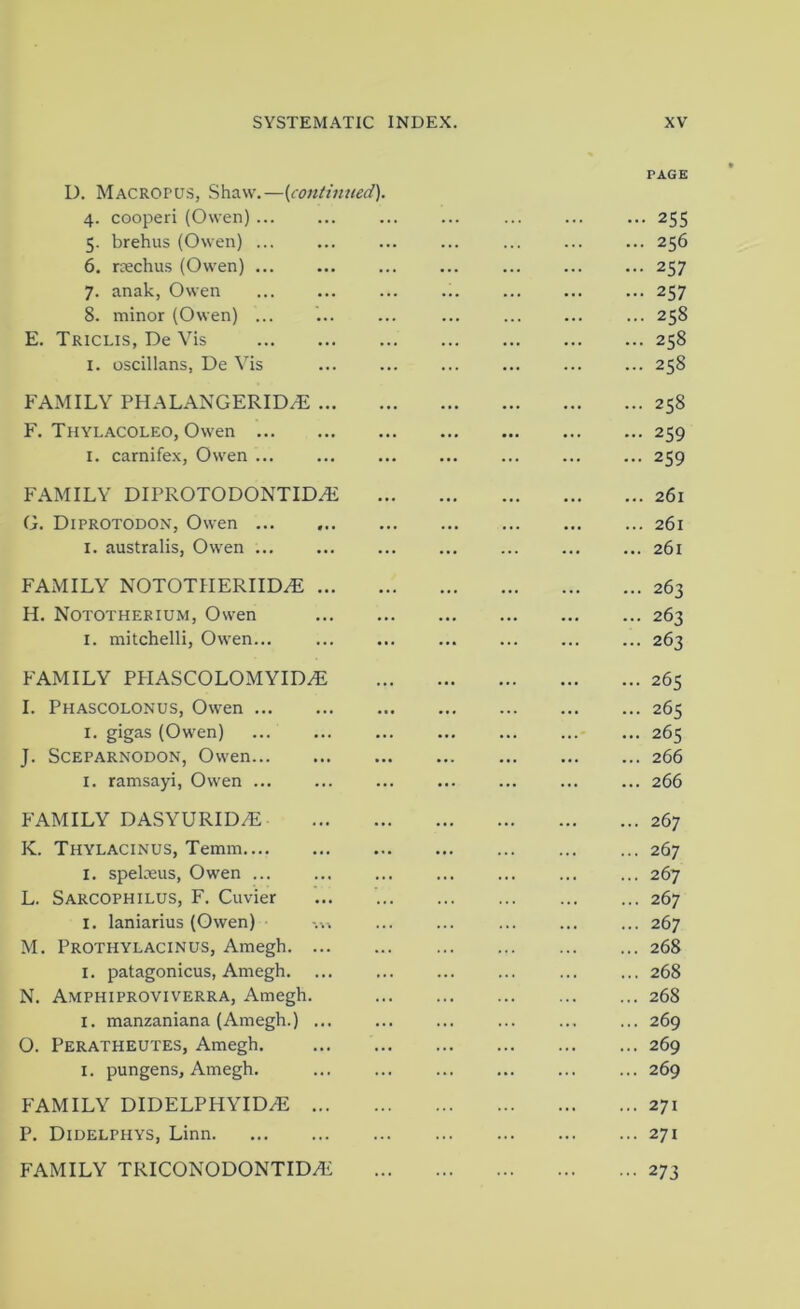 D. Macropus, Shaw.—{continued). 4. cooperi (Owen) ... 5. brehus (Owen) ... 6. roechus (Owen) ... 7. anak, Owen 8. minor (Owen) ... E. Triclis, De Vis I. oscillans, De \^is PAGE - 255 ... 256 ... 257 ... 257 ... 258 ... 258 ... 258 FAMILY PHALANGERIDAi ... F. Thylacoleo, Owen I. carnifex, Owen ... FAMILY DIPROTODONTIDAi G. Diprotodon, Owen I. australis, Owen ... ... 258 ... 259 ... 259 ... 261 ... 261 ... 261 FAMILY NOTOTHERIID^ ... H. Nototherium, Owen I. mitchelli, Owen... ... 263 ... 263 ... 263 FAMILY PPIASCOLOMYID^ I. Phascolonus, Owen I. gigas (Owen) J. SCEPARNODON, Owen I. ramsayi, Owen ... ... 265 ... 265 ... 265 ... 266 ... 266 FAMILY DASYURID/E K. Thylacinus, Temm I. spelxus, Owen ... L. Sarcophilus, F. Cuvier I. laniarius (Owen) M. Prothylacinus, Amegh. ... I. patagonicus, Amegh. N. Amphiproviverra, Amegh. I. manzaniana (Amegh.) ... O. Peratheutes, Amegh. I. pungens, Amegh. ... 267 ... 267 ... 267 ... 267 ... 267 ... 268 ... 268 ... 268 ... 269 ... 269 ... 269 FAMILY DIDELPHYID^ ... P. Didelphys, Linn FAMILY TRICONODONTIDAi ... 271 ... 271 ••• 273