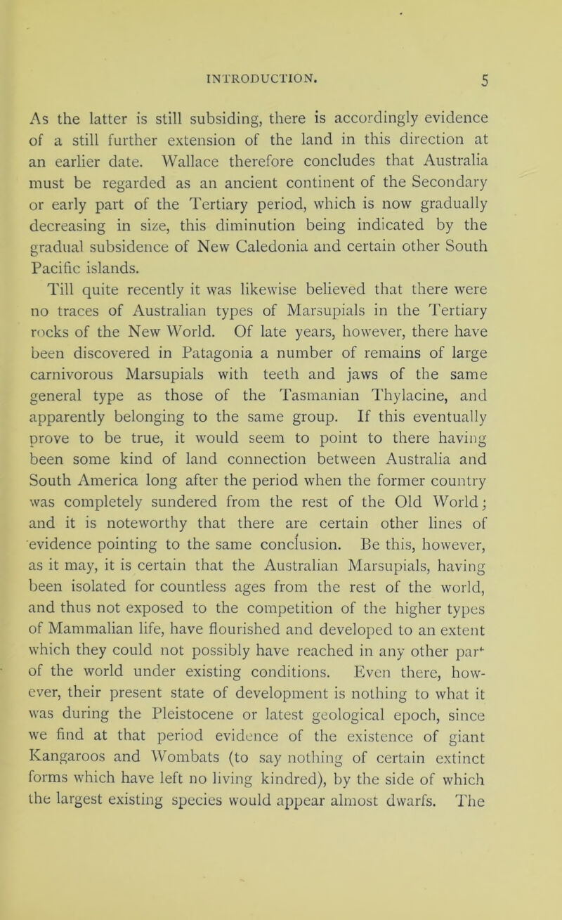 As the latter is still subsiding, there is accordingly evidence of a still further extension of the land in this direction at an earlier date. Wallace therefore concludes that Australia must be regarded as an ancient continent of the Secondary or early part of the Tertiary period, which is now gradually decreasing in size, this diminution being indicated by the gradual subsidence of New Caledonia and certain other South Pacific islands. Till quite recently it was likewise believed that there were no traces of Australian types of Marsupials in the Tertiary rf)cks of the New World. Of late years, however, there have been discovered in Patagonia a number of remains of large carnivorous Marsupials with teeth and jaws of the same general type as those of the Tasmanian Thylacine, and apparently belonging to the same group. If this eventually prove to be true, it would seem to point to there having been some kind of land connection between Australia and South America long after the period when the former country was completely sundered from the rest of the Old World; and it is noteworthy that there are certain other lines of evidence pointing to the same conclusion. Be this, however, as it may, it is certain that the Australian Marsupials, having been isolated for countless ages from the rest of the world, and thus not exposed to the competition of the higher types of Mammalian life, have flourished and developed to an extent which they could not possibly have reached in any other par*- of the world under existing conditions. Even there, how- ever, their present state of development is nothing to what it was during the Pleistocene or latest geological epoch, since we find at that period evidence of the existence of giant Kangaroos and Wombats (to say nothing of certain extinct forms which have left no living kindred), by the side of which the largest existing species would appear almost dwarfs. The