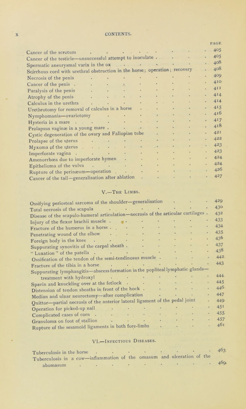 Cancer of the scrotum . • • • • Cancer of the testicle—unsuccessful attempt to inoculate . Spermatic aneurysmal varix in the ox Scirrhous cord with uréthral obstruction in the horse ; operation ; recoverj Necrosis of the pénis . Cancer of the pénis . Paralysis of the pénis • Atrophy of the pénis . Calculus in the urethra . Urethrotomy for removal of calculus in a horse Nymphomania—ovariotomy Hysteria in a mare . Prolapsus vaginæ in a young mare . Cystic degeneration of the ovary and Fallopian tube Prolapse of the utérus • Myxoma of the utérus . Imperforate vagina ..••••• Amenorrhœa due to imperforate hymen • Epithelioma of the vulva . Rupture of the perinæum—operation . Cancer of the tail—généralisation after ablation PAGE • 405 . 405 408 . 408 . 409 410 . 411 • 414 . 414 • 4i5 416 • 4i7 . 418 . 421 . 422 • 423 • 423 • 424 • 424 426 . 427 V.—The Limbs. Ossifying periosteal sarcoma of the shoulder—généralisation Total necrosis of the scapula • Disease of the scapulo-humeral articulation—necrosis of the articular cartilages Injury of the flexor brachii muscle « • Fracture of the humérus in a horse ... Penetrating wound of the elbow . , • Foreign body in the knee Suppurating synovitis of the carpal sheath . “ Luxation ” of the patella Ossification of the tendon of the semi-tendinosus muscle . Fracture of the tibia in a horse . • • • • ' Suppurating lymphangitis—abscess formation in the popliteal lymphatic glands— treatment with hydroxyl • Spavin and knuckling over at the fetlock Distension of tendon sheaths in front of the hock . Médian and ulnar neurectomy—after complication Quittor—partial necrosis of the anterior latéral ligament of the pedal joint Operation for picked-up nail • Complicated cases of corn . Granuloma on foot of stallion Rupture of the sesamoid ligaments in both fore-limbs 429 43» 432 433 434 435 436 437 438 442 443 444 445 446 447 449 45i 455 457 461 VP—Infectious Diseases. Tuberculosis in the horse . • • • • ‘ Tuberculosis in a cow—inflammation of the omasum and ulcération of the abomasum . 463 469,
