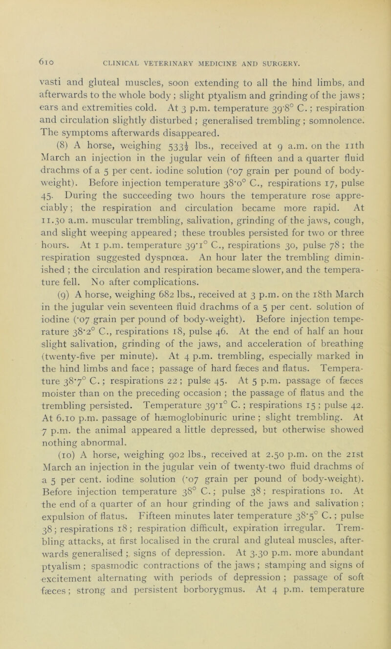 6io vasti and gluteal muscles, soon extending to ail the hind limbs, and afterwards to the whole body ; slight ptyalism and grinding of the jaws ; ears and extremities cold. At 3 p.m. température 39'8° C. ; respiration and circulation slightly disturbed ; generalised trembling ; somnolence. The symptoms afterwards disappeared. (8) A horse, weighing 533^ lbs., received at 9 a.m. on the nth March an injection in the jugular vein of fifteen and a quarter fluid drachms of a 5 per cent, iodine solution (‘07 grain per pound of body- weight). Before injection température 38*0° C., respirations 17, puise 45. During the succeeding two hours the température rose appre- ciably ; the respiration and circulation became more rapid. At 11.30 a.m. muscular trembling, salivation, grinding of the jaws, cough, and slight weeping appeared ; these troubles persisted for two or three hours. At 1 p.m. température 39*1° C., respirations 30, puise 78; the respiration suggested dyspnœa. An hour later the trembling dimin- ished ; the circulation and respiration became slower, and the tempéra- ture fell. No after complications. (9) A horse, weighing 682 lbs., received at 3 p.m. on the i8th March in the jugular vein seventeen fluid drachms of a 5 per cent, solution of iodine (*07 grain per pound of body-weight). Before injection tempe- rature 38’20 C., respirations 18, puise 46. At the end of half an hour slight salivation, grinding of the jaws, and accélération of breathing (twenty-five per minute). At 4 p.m. trembling, especially marked in the hind limbs and face ; passage of hard fæces and flatus. Tempéra- ture 38‘7° C. ; respirations 22 ; puise 45. At 5 p.m. passage of fæces moister than on the preceding occasion ; the passage of flatus and the trembling persisted. Température 39’i° C. ; respirations 15 ; puise 42. At 6.10 p.m. passage of hæmoglobinuric urine ; slight trembling. At 7 p.m. the animal appeared a little depressed, but otherwise showed nothing abnormal. (10) A horse, weighing 902 lbs., received at 2.50 p.m. on the 2ist March an injection in the jugular vein of twenty-two fluid drachms of a 5 per cent, iodine solution (‘07 grain per pound of body-weight). Before injection température 38° C. ; puise 38 ; respirations 10. At the end of a quarter of an hour grinding of the jaws and salivation ; expulsion of flatus. Fifteen minutes later température 38'5° C. ; puise 38 ; respirations 18 ; respiration difflcult, expiration irregular. Trem- bling attacks, at first localised in the crural and gluteal muscles, after- wards generalised ; signs of dépréssion. At 3.30 p.m. more abundant ptyalism ; spasmodic contractions of the jaws ; stamping and signs of excitement alternating with periods of dépréssion ; passage of soft