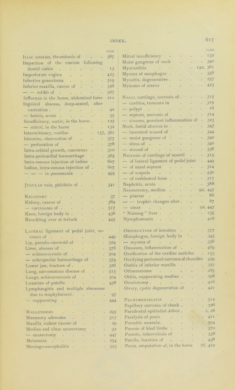 PAGE Iliac arteries, thrombosfs of . . 387 Impaction of the cæcum following dental caries . . . . 13 Imperforate vagina .... 423 Infective granuloma .... 519 Inferior maxilla, cancer of . . ■ 328 — — ostitis of 327 Influença in the horse, abdominal form 210 Inguinal abscess, deep-seated, after castration ...... 4° — hernia, acute . . . • ' • 35 Insufficiency, aortic, in the horse . .125 — mitral, in the horse . . . 132 Intermittency, cardiac . . 157, 361 Intestine, obstruction of 377 — perforation of .... 378 Intra-orbital grovvth, cancerous . . 310 Intra-pericardial hæmorrhage . . 365 Intra-venous injection of iodine . . 607 Iodine, intra-venous injection of . . 607 — — — in pneumonia . . • 495 Jugulak vein, phlebitis of . • 341 Kelotomy 37 Kidney, cancer of .... 389 — carcinoma of . . . • • 5J7 Knee, foreign body in . . . . 436 Knuckling over at fetlock . . . 445 Latéral ligament of pedal joint, ne- crosis of . . • • • • 449 Lip, pseudo-cancroid of 324 Liver, abscess of . . . . • 376 — echinococcosis of . . . . 5°4 — subcapsular hæmorrhage of . . 379 Lower jaw, fracture of . . . . 326 Lung, sarcomatous disease of . 515 Lungs, echinococcosis of . . 5°4 Luxation of patella .... 438 Lymphangitis and multiple abscesses due to staphylococci.... 97 - suppurating ..... 444 Mallenders 295 Mammary adenoma . . . .517 Maxilla, rodent cancer of . .29 Médian and ulnar neurectomy . . 92 — neurectomy ..... 447 Melanuria ...... 254 Meningo-encephalitis .... 323 Mitral insufficiency PAGE 132 Moist gangrené of neck 340 Myocarditis . 142, 361 Myoma of œsophagus . 358 Myositis, degenerative . 257 Myxoma of utérus 423 Nasal cartilage, necrosis of . 315 — cavities, tumours in 319 — polypi ..... l6 — septum, necrosis of 3H — sinuses, purulent inflammation of . 323 Neck, fœtid abscess in . 347 — lacerated wound of 344 — moist gangrené of . 340 — sinus of . 340 — wound of .... 338 Necrosis of cartilage of nostril 315 — of latéral ligament of pedal joint 449 — of nasal septum 3i4 — of scapula .... 430 — of turbinated bone . 3i7 Nephritis, acute .... 388 Neurectomy, médian . 92> 447 — plantar ..... 86 trophic changes after. 87 — ulnar ..... 92 447 “ Nutmeg ” liver .... 135 Nymphomania .... 416 Obstruction of intestine . 377 Œsophagus, foreign body in 345 — myoma of 358 Omasum, inflammation of . 469 Ossification of the cardiac auricles 153 Ossifying periosteal sarcomaof shoulder 429 Ostitis of inferior maxilla 327 Othæmatoma .... 285 Otitis, suppurating médian . 298 Ovariotomy ..... 416 Ovary, cystic degeneration of 421 Pachymeningitis 512 Papillary sarcoma of cheek . 326 Paradental épithélial débris . CO -f Paralysis of pénis 411 Parasitic anæmia.... 504 Paresis of hind limbs . 570 Parrots, tuberculosis of 558 Patella, luxation of 438 Pénis, amputation of, in the horse 56, 412