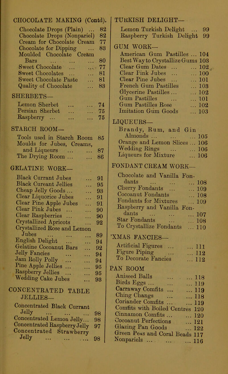 CHOCOLATE MAKING (Contd). Chocolate Drops (Plain) ... 82 Chocolate Drops (Nonpariel) 82 Cream for Chocolate Cream 77 Chocolate for Dipping ... 83 Moulded Chocolate Cream Bars ... 80 Sweet Chocolate .... 77 Sweet Chocolates ... ... 81 Sweet Chocolate Paste ... 81 Quality of Chocolate ... 83 SHERBETS— Lemon Sherbet .. 74 Persian Sherbet ... 75 Raspberry ... ... 76 STARCH ROOM— Tools used in Starch Room 86 Moulds for Jubes, Creams, and Liqueurs ... ... 87 The Drying Room ... ... 86 TUKKISH DELIGHT— Lemon Turkish Delight ... 99 Raspberry Turkish Delight 99 GUM WORK— American Gum Pastilles ... 104 BestWay to Crystallize Gums 103 Clear Gum Dates ... ... 102 Clear Fink Jubes ... ... 100 Clear Pine Jubes ... ... 101 French Gum Pastilles ...103 Glycerine Pastilles ... ...102 Gum Pastilles ... ...101 Gum Pastilles Rose ... 102 Imitation Giim Goods ... 103 LIQUEURS— Brandy, Rum, and Gin Almonds ... ... ... 105 Orange and Lemon Slices ... 106 Wedding Rings ... ... 106 Liqueurs for Mixture ...106 GELATINE WORK— Black Currant Jubes 91 Black Cureant Jellies 95 Cheap Jelly Goods... 93 Clear Liquorice Jubes 91 Clear Pine Apple Jubes 91 Clear Pink Jubes ... 90 Clear Raspberries ... 90 Crystalhzed Apricots 92 Crystallized Rose and Lemon Jubes 89 English Delight 94 Gelatine Cocoanut Bars 92 Jelly Fancies 94 J am Roily Polly 94 Pine Apple Jellies 95 Raspberry Jelhes ... 95 Wedding Cake Jubes 93 CONCENTRATED TABLE JELLIES— Concentrated Black Currant Jelly 98 Concentrated Lemon Jelly... 98 Concentrated Raspberry Jelly 97 Concentrated Strawberry Jelly 98 FONDANT CREAM WORK— Chocolate and Vanilla Fon- dants ... 108 Cherry Fondants ... ...109 Cocoanut Fondants ...108 Fondants for Mixtures ...109 Raspberry and Vanilla Fon- dants ... ... ... 107 Star Fondants 108 To Crystallize Fondants ...110 ’XMAS FANCIES— Artificial Figures ... ... 111 Figure Piping H2 To Decorate Fancies ... 112 PAN ROOM Aniseed Balls 118 Birds Eggs 119 Carraway Comfits 119 Ching Changs 113 Coriander Comfits ... ... 119 Comfits with Boiled Centres 120 Cinnamon Comfits 120 Cocoanut Perfections ... 121 Glazing Pan Goods ... 122 Green Peas and Coral Beads 117 Nonpariels hq