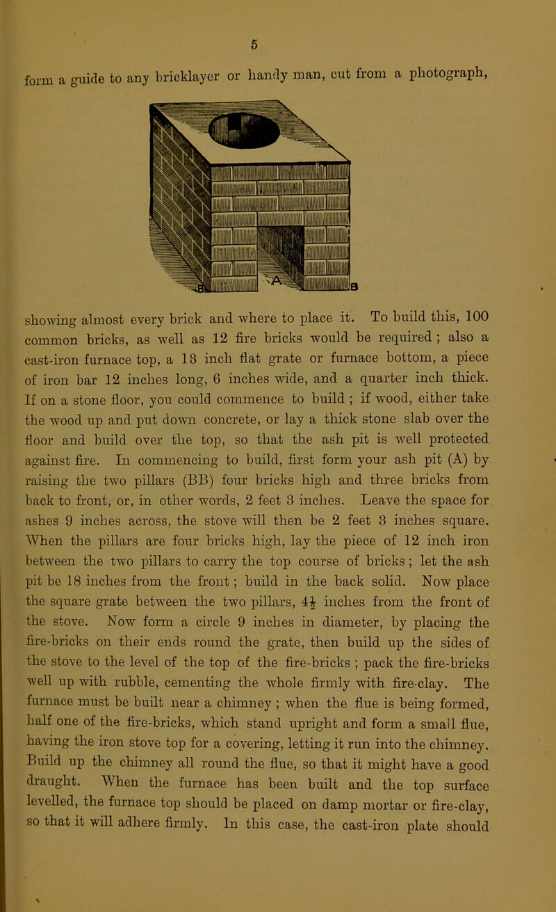 6 form a guide to any bricklayer or bandy man, cut from a photograph, showing almost every brick and where to place it. To build this, 100 common bricks, as well as 12 fire bricks would be required ; also a cast-iron furnace top, a 13 inch flat grate or furnace bottom, a piece of iron bar 12 inches long, 6 inches wdde, and a quarter inch thick. If on a stone floor, you could commence to build ; if wood, either take the wood up and put down concrete, or lay a thick stone slab over the floor and build over the top, so that the ash pit is w^ell protected against fire. In commencing to build, first form your ash pit (A) by raising the two pillars (BB) four bricks high and three bricks from back to front, or, in other words, 2 feet 3 inches. Leave the space for ashes 9 inches across, the stove will then be 2 feet 3 inches square. When the pillars are four bricks high, lay the piece of 12 inch iron between the two pillars to carry the top course of bricks; let the ash pit be 18 inches from the front; build in the back solid. Now place the square grate between the two pillars, 4-^ inches from the front of the stove. Now form a circle 9 inches in diameter, by placing the fire-bricks on their ends round the grate, then build up the sides of the stove to the level of the top of the fire-bricks ; pack the fire-bricks well up with rubble, cementing the whole firmly with fire-clay. The furnace must be built near a chimney ; when the flue is being formed, half one of the fire-bricks, which stand upright and form a small flue, having the iron stove top for a covering, letting it run into the chimney. Build up the chimney all round the flue, so that it might have a good draught. When the furnace has been built and the top surface levelled, the furnace top should be placed on damp mortar or fire-clay, so that it will adhere firmly. In this case, the cast-iron plate should