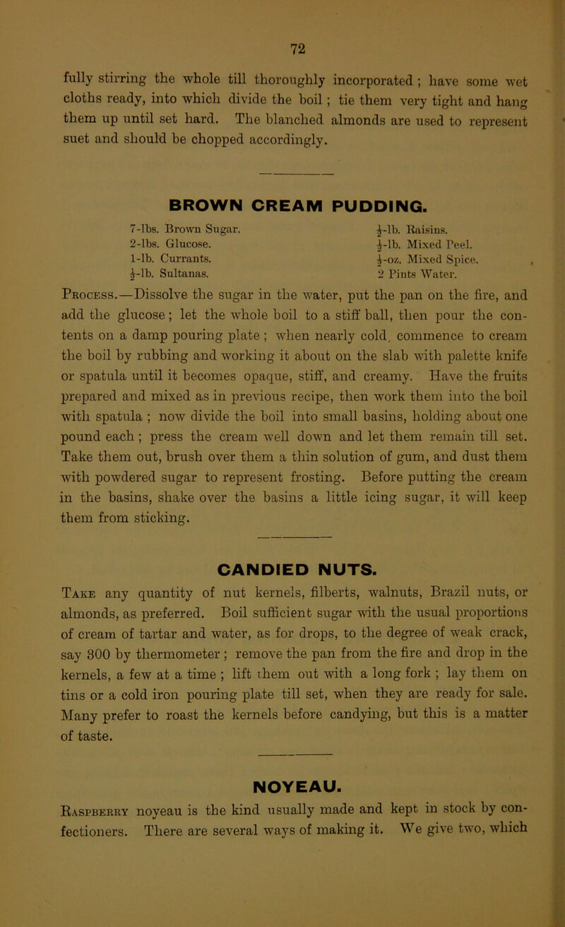 fully stirring the whole till thoroughly incorporated; have some wet cloths ready, into which divide the boil; tie them very tight and hang them up until set hard. The blanched almonds are used to represent suet and should be chopped accordingly. BROWN CREAM PUDDING. 7-lbs. Bro\vu Sugar. ^-Ib. Itaisius. 2-lbs. Glucose. ^-Ib. Mixed Peel. 1-lb. CuiTants. i-oz. Mixed Spice. i-lb. Sultanas. 2 Pints Water. Process.—Dissolve the sugar in the water, put the pan on the fire, and add the glucose; let the whole boil to a stifl: ball, then pour the con- tents on a damp pourmg plate ; when nearly cold, commence to cream the boil by rubbing and working it about on the slab with palette knife or spatula until it becomes opaque, stiff, and creamy. Have the fruits prepared and mixed as in previous recipe, then work them into the boil with spatula ; now divide the boil into small basins, holding about one pound each; press the cream well down and let them remain till set. Take them out, brush over them a thin solution of gum, and dust them with powdered sugar to represent frosting. Before putting the cream in the basins, shake over the basins a little icing sugar, it will keep them from sticking. CANDIED NUTS. Take any quantity of nut kernels, filberts, walnuts, Brazil nuts, or almonds, as preferred. Boil sufficient sugar -with the usual proportions of cream of tartar and water, as for drops, to the degree of weak crack, say 800 by thermometer ; remove the pan from the fire and drop in the kernels, a few at a time ; lift them out with a long fork ; lay them on tins or a cold iron pouring plate till set, when they are ready for sale. Many prefer to roast the kernels before candying, but this is a matter of taste. NOYEAU. Raspberry noyeau is the kind usually made and kept in stock by con- fectioners. There are several ways of makmg it. We give two, which