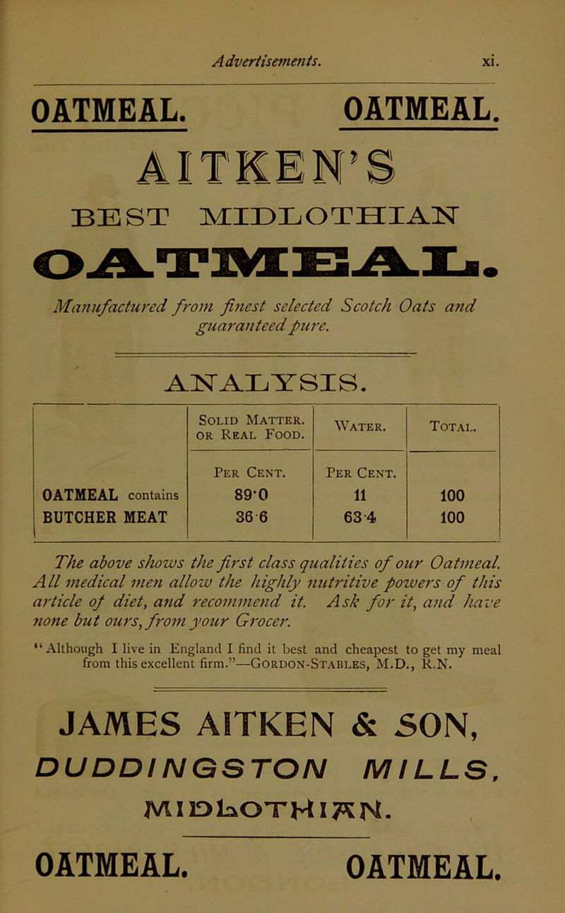 OATMEAL. OATMEAL. BEST MIDLOTHIAN Manufactured from finest selected Scotch Oats and guaranteed pure. A^TAIiXSIS. Solid Matter. OR Real Food. Water. Total. Per Cent. Per Cent. OATMEAL contains 89-0 11 100 BUTCHER MEAT 36 6 63 4 100 The above shows the first class qualities of our Oatmeal All medical men allow the highly nutritive powers of this article of diet, and recommeyid it. Ask for it, and have 7ione but ours, from your Grocer. “Although I live in England I find it best and cheapest to get my meal from this excellent firm.”—GoRDON-Sr.^tBLES, M.D., R.N. JAMES AITKEN & SON, DUDDINGSTON MILLS, MI1DE0THI7>5N. OATMEAL. OATMEAL.