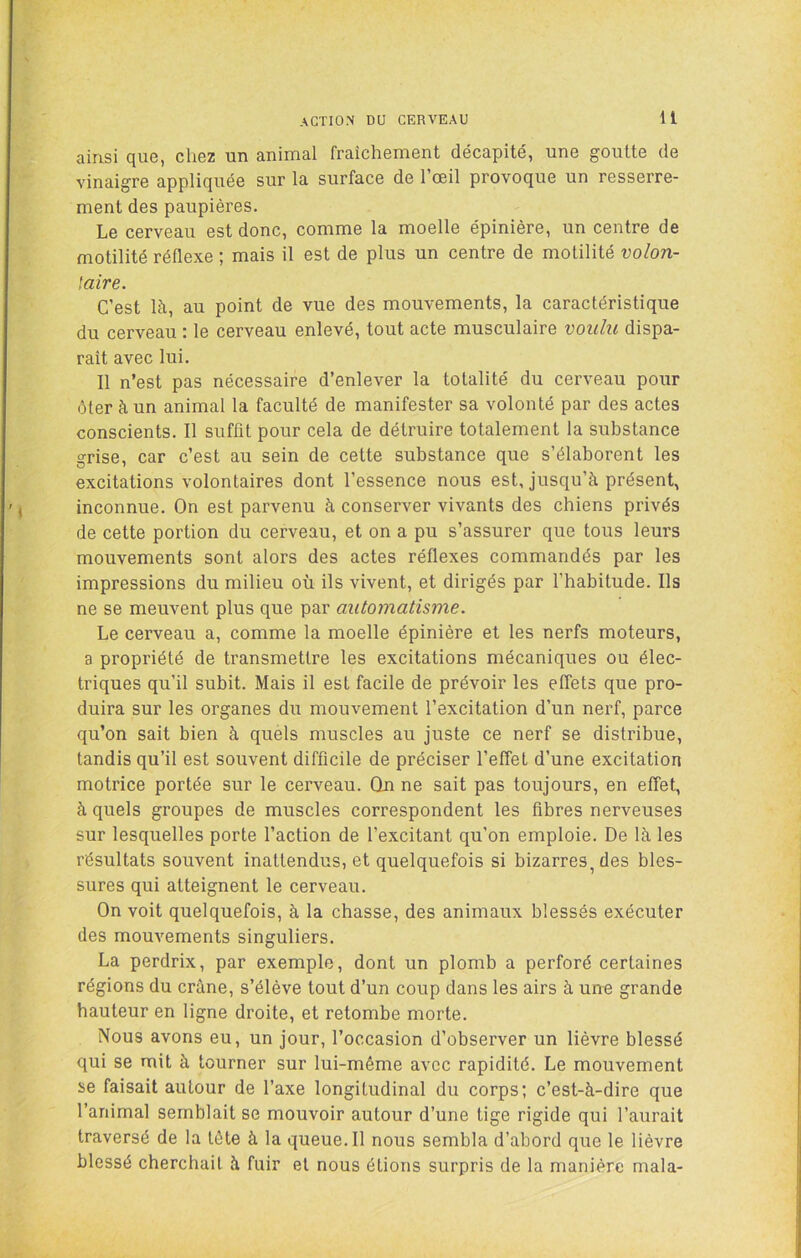 ainsi que, chez un animal fraîchement décapité, une goutte de vinaigre appliquée sur la surface de l’œil provoque un resserre- ment des paupières. Le cerveau est donc, comme la moelle épinière, un centre de motilité réflexe ; mais il est de plus un centre de motilité volon- taire. C’est là, au point de vue des mouvements, la caractéristique du cerveau : le cerveau enlevé, tout acte musculaire voulu dispa- raît avec lui. Il n’est pas nécessaire d’enlever la totalité du cerveau pour ôter à un animal la faculté de manifester sa volonté par des actes conscients. Il suffit pour cela de détruire totalement la substance grise, car c’est au sein de cette substance que s’élaborent les excitations volontaires dont l’essence nous est, jusqu’à présent, inconnue. On est parvenu à conserver vivants des chiens privés de cette portion du cerveau, et on a pu s’assurer que tous leurs mouvements sont alors des actes réflexes commandés par les impressions du milieu où ils vivent, et dirigés par l’habitude. Ils ne se meuvent plus que par automatisme. Le cerveau a, comme la moelle épinière et les nerfs moteurs, a propriété de transmettre les excitations mécaniques ou élec- triques qu’il subit. Mais il est facile de prévoir les effets que pro- duira sur les organes du mouvement l’excitation d’un nerf, parce qu’on sait bien à quels muscles au juste ce nerf se distribue, tandis qu’il est souvent difficile de préciser l’effet d’une excitation motrice portée sur le cerveau. Qn ne sait pas toujours, en effet, à quels groupes de muscles correspondent les fibres nerveuses sur lesquelles porte l’action de l’excitant qu’on emploie. De là les résultats souvent inattendus, et quelquefois si bizarres^ des bles- sures qui atteignent le cerveau. On voit quelquefois, à la chasse, des animaux blessés exécuter des mouvements singuliers. La perdrix, par exemple, dont un plomb a perforé certaines régions du crâne, s’élève tout d’un coup dans les airs à uno grande hauteur en ligne droite, et retombe morte. Nous avons eu, un jour, l’occasion d’observer un lièvre blessé qui se mit à tourner sur lui-même avec rapidité. Le mouvement se faisait autour de l’axe longitudinal du corps; c’est-à-dire que l’animal semblait se mouvoir autour d’une tige rigide qui l’aurait traversé de la tète à la queue. Il nous sembla d’abord que le lièvre blessé cherchait à fuir et nous étions surpris de la manière mala-