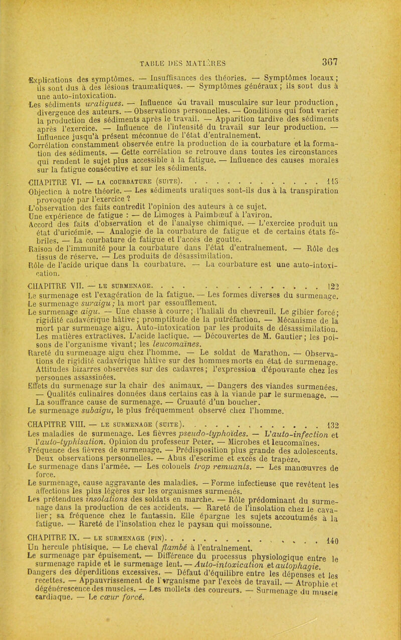TAIÎLIÎ DICS MATi;;nES 3G7 Explications des symptômes. — Insuffisances des théories. — Symptômes locaux ; ils sont dus à des lésions traum^atiques. — Symptômes généraux ; ils sont dus à une auto-intoxication. Les sédiments uraliques. — Influence du travail musculaire sur leur production, divergence des auteurs. — Observations personnelles. — Conditions qui font varier la production des sédiments après le travail. — Apparition tardive des sédiments iiprès l’exercice. — Influence de l’intensité du travail sur leur production. — Influence jusqu’à présent méconnue de l’état d’entraînement. Corrélation constamment observée entre la production de ia courbature et la forma- tion des sédiments. — Cette corrélation se retrouve dans toutes les circonstances qui rendent le sujet plus accessible à la fatigue. — Influence des causes morales sur la fatigue consécutive et sur les sédiments. CHAPITRE VI. — LA COURBATURE (suite) 113 Objection à notre théorie. — Les sédiments uratiques sont-ils dus à la transpiration provoquée par l’exercice “î L’observation des faits contredit l’opinion des auteurs à ce sujet. Une expérience de fatigue : — de Limoges à Paimbœuf à l’aviron. Accord des faits d’observation et de l’analyse chimique. — L’exercice produit un état d’uricémie. — Analogie de la courbature de fatigue et de certains états fé- briles. — La courbature de fatigue et l’accès de goutte. Raison de l’immunité pour la courbature dans l’état d’entraînement. — Rôle des tissus de réserve. — Les produits de désassimilation. Rôle de l’acide urique dans la courbature. — La courbature est une auto-intoxi- cation. CHAPITRE VII. — LE SURMENAGE 122 Le surmenage est l’exagération de la fatigue. — Les formes diverses du surmenage. Le surmenage suraigu; la mort par essoufflement. Le surmenage aigu. — Une chasse à courre; l’hahali du chevreuil. Le gibier forcé; rigidité cadavérique hâtive ; promptitude de la putréfaction. — Mécanisme de la mort par surmenage aigu. Auto-intoxication par les produits de désassimilation. Les matières extractives. L’acide lactique. — Découvertes de M. Gautier; les poi- sons de l’organisme vivant; les leucomaïnes. Rareté du surmenage aigu chez l’homme. — Le soldat de Marathon. — Observa- tions de rigidité cadavérique hâtive sur des hommes morts en état de surmenage. Attitudes bizarres observées sur des cadavres; l’expression d’épouvante chez les personnes assassinées. EQ'ets du surmenage sur la chair des animaux. — Dangers des viandes surmenées. — Qualités culinaires données dans certains cas à la viande par le surmenage. —1 La souffrance cause de surmenage. — Cruauté d’un boucher. Le surmenage subaigu, le plus fréquemment observé chez l’homme. CHAPITRE VIII. — LE SURMENAGE (SUITE) 132 Les maladies de surmenage. Les lièvres pseudo-typhoïdes. — Vauto-infection et l'auto-typhisation. Opinion du professeur Peter. — Microbes et leucomaïnes. Fréquence des fièvres de surmenage. — Prédisposition plus grande des adolescents. Deux observations personneUes. — Abus d’escrime et excès de trapèze. Le surmenage dans l’armée. — Les colonels trop remuants. — Les manœuvres de force. Le surmenage, cause aggravante des maladies. — Forme infectieuse que revêtent les aflèctions les plus légères sur les organismes surmenés. Les prétendues insolations des soldats en marche. — Rôle prédominant du surme- nage dans la production de ces accidents. — Rareté de l’insolation chez le cava- lier; sa fréquence chez le fantassin. Elle épargne les sujets accoutumés à la fatigue. — Rareté de l’insolation chez le paysan qui moissonne. CHAPITRE IX. — LE SURMENAGE (FIN) Un hercule phtisique. — Le cheval flambé à l’entraînement. Le surmenage par épuisement. — Différence du processus physiologique entre le surmenage rapide et le surmenage lent. — Aulo-intoxication et autophagie Dangers des déperditions excessives. — Défaut d’équilibre entre les dépenses et les recettes. — Appauvrissement de l'organisme par l’excès de travail. — Atrophie et dégénérescence des muscles. — Les mollets des coureurs. — Surmenage du muscle cardiaque. — Le cœur forcé.