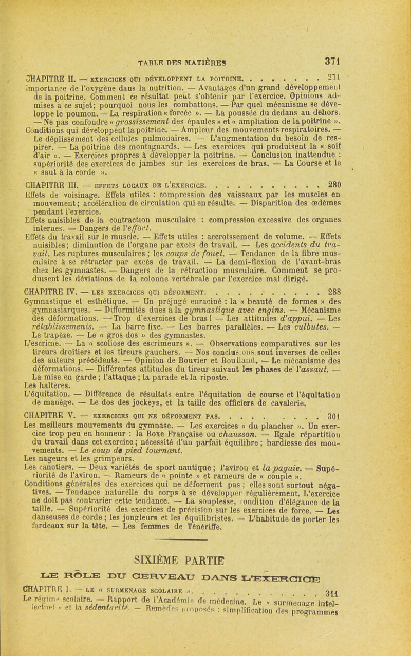 CHAPITRE II. — EXERCICES QDI DÉVELOPPENT LA POITRINE 211 Importance de l’oxygène dans la nutrition. — Avantages d’un grand développement de la poitrine. Comment ce résultat peut s’obtenir par l’exercice. Opinions ad- mises à ce sujet; pourquoi nous les combattons. — Par quel mécanisme se déve- loppe le poumon. — La respiration « forcée ». — La poussée du dedans au dehors. — Ne pas confondre « gi'ossissement des épaules » et « ampliation de la poitrine ». Conditions qui développent la poitrine. —Ampleur des mouvements respiratoires.— Le déplissement des cellules pulmonaires. — L’augmentation du besoin de res- pirer. — La poitrine des montagnards. — Les exercices qui produisent la « soif d’air ». — Exercices propres à développer la poitrine. — Conclusion inattendue : supériorité des exercices de jambes sur les exercices de bras. — La Course et le « saut à la corde ». CHAPITRE III. — EFFETS LOCAUX DE l’exercice 280 Effets de voisinage. Effets utiles : compression des vaisseaux par les muscles en mouvement ; accélération de circulation qui en résulte. — Disparition des œdèmes pendant l’exercice. Eflèts nuisibles de la contraction musculaire : compression excessive des organes internes. — Dangers de Vefforl. Effets du travail sur le muscle. — Effets utiles : accroissement de volume. — Effets nuisibles; diminution de l’organe par excès de travail. — Les accidents du tra- vail. Les ruptures musculaires ; les coups de fouet. — Tendance de la fibre mus- culaire à se rétracter par excès de travail. — La demi-flexion de Tavant-bras chez les gymnastes. — Dangers de la rétraction musculaire. Comment se pro- duisent les déviations de la colonne vertébrale par l’exercice mal dirigé. CHAPITRE IV. — LES EXERCICES QUI DÉFORMENT 288 Gymnastique et esthétique. — Un préjugé enraciné ; la « beauté de formes » des gymnaslarques. — Difformités dues à la gymnastique avec engins. — Mécanisme des déformations. —-Trop d’exercices de brasi — Les attitudes d’appui. — Les rétablissements. — La barre fixe. — Les barres parallèles. — Les culbutes. — Le trapèze. — Le « gros dos » des gymnastes. L’escrime. — La « scoliose des escrimeurs ». — Observations comparatives sur les tireurs droitiers et les tireurs gauchers. — Nos conclusions,sont inverses de ceUes des auteurs précédents. — Opinion de Bouvier et Boullaml. ■— Le mécanisme des déformations. — Différentes attitudes du tireur suivant les phases de l’assauL — La mise en garde ; l’attaque ; la parade et la riposte. Les haltères. L’équitation. — Différence de résultats entre l’équitation de course et l’équitation de manège. — Le dos des jockeys, et la taiUe des officiers de cavalerie. CHAPITRE V. — EXERCICES qui ne déforment pas 301 Les meilleurs mouvements du gymnase. — Les exercices « du plancher ». Un exer- cice trop peu en honneur : la Boxe Française ou chausson. — Egale répartition du travail dans cet exercice ; nécessité d’un parfait équilibre ; hardiesse (fes mou- vements. — Le coup de pied tournant. Les nageurs et les grimpeurs. Les canotiers. — Deux variétés de sport nautique ; l’aviron et la pagaie. — Supé- riorité de l’aviron. — Rameurs de « pointe » et rameurs de « couple ». Conditions générales des exercices qui ne déforment pas ; elles sont surtout néga- tives. — Tendance naturelle du corps à se développer régulièrement. L’exercice ne doit pas contrarier cette tendance. — La souplesse, conditiou d’élégance de la taille. — Supériorité des exercices de précision sur les exercices de force. — Les danseuses de corde ; les jongleurs et les équilibristes. — L’habitude de porter les fardeaux sur la tête. — Les femmes de Ténériffe. SIXIÈME PARTIE XJE ROLE X>TJ CERVEAU DA3STS X^’EXEROlCiR CHAPITRE 1. — LE « SURMENAGE SCOLAIRE » Le régime scolaire. — Rapport de l’Académie de médecine. Le « surm'eua.-e intel- Remèdes i.mimsés : simplification des pro.grammes 3 U lectnel .. et la sédenturitf.