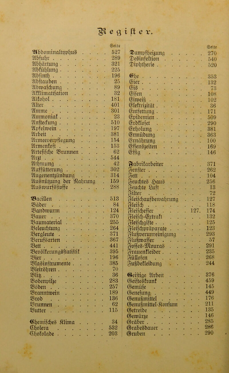 ©eite UlbbominaltpphuS .... 527 Utbfu^r 289 Abhärtung 321 3lbfühlung 225 SHbfinth 196 SMbftauben 25 SHbroafdiung 89 Slfllimatifation 32 Stflfohol 181 2Ilter 401 Stmme 301 SHmmoniat 23 SHnftecfung 510 Ulpfelroein 197 Arbeit 381 2lrmeeuerpflegung . . . . 154 Slrmcnfoft 153 2lrtefifd)e Brunnen .... 62 SHrjt 544 Sltbmung 42 2luffütterung 302 SMugenentgünbung .... 314 2lu§niU3ung ber Nahrung . 159 2lu§raurf§ftoffe 288 Bacillen 513 Bäber 84 Banbmurm 124 Bauer 370 Baumaterial 255 Beleuchtung 264 Bergleute 371 Berufgarten 367 Bett 441 Beuölferunggftatiftif . . . 395 Bier 196 Blasinstrumente 385 Bleiröbren 70 Blife 36 Bobenpilje 283 Böben . 257 Branntroeiu 189 Brob 136 Brunnen 62 Butter 115 <£f)emifd)e§ Älima .... 34 ©holera 532 Wolabe 203 Dampfheiaung . . ©eite 270 DeSinfeftion . . . 540 Diphtherie .... 520 ©he 353 (Sier 132 ©i§ 73 (Eifen ... 108 ©iroeif3 102 ©leftrijität.... ... 36 (Entfettung .... ... 171 ©pibemien .... . . . 509 (Erbflofet .... 290 ©rholung .... 381 (Ermübung . . . • . • 363 (Ernährung . . . ... 100 (EffenSjeiten . . . 169 @ffig . . . 146 Fabrikarbeiter . . 371 fünfter 262 Fett 104 geud)te§ |>au§ . . • 256 Feudste Suft . . . 13 Ritter 72 §leifd)aufberaabrung . 127 Fleifd) 118 Fleifcheffer - . . Fleifd)=(Ej;traft . . . 127. 174 . . , 132 ^leifchgifte .... ... 125 ^leifdjpräparate . . . • 123 Fluhoerunreinigung 293 Fluferoaffer . . . . 57 Foffe§=97iouraS . . . . . 291 Frauenfleiber. . . ... 235 Füllofen .... . . . 268 Fufjbefleibung . . 244 ©eifrige Arbeit . . 376 ©eifteSfranf . . . . 459 ©etnüfe .... . 145 ©enefungi .... ©enufsmittel . . . 449 176 ©enufjmittel-ftonfum . . . 211 ©etreibe .... 135 ©enriirje . . - . . 146 ©räber 285 ©rabeSbauer . . . • • 286 ©ruben . . . . 290