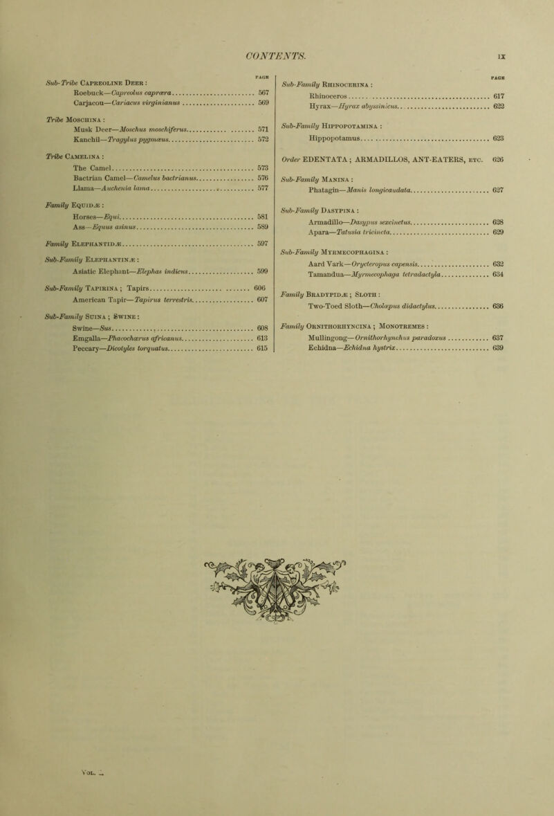 Sub-Tribe Capreoline Deer : Roebuck—Capreolus caprcera 567 Carjacou—(Jarlocus virginianus 569 Tribe Moschina : Musk Deer—Moschus moschiferus 571 Kanchil—Tragylus pygrnceus 572 Tribe Camelina : The Camel 573 Bactrian Camel—Camelus bactrianus 576 Llama—Auchenia lama 577 Family Equid^ : Horses—Equi 581 Ass—Equus asinus 589 Family Elephantidjs 597 Sub-Family Elephantinjs : Asiatic Elephant—ElepJiaji indiens 599 Sub-Family Tapirina ; Tapirs 606 American Tapir—Tapirus terrestris 607 Sub-Family Suina ; Swine ; Swine—Sus 608 Emgalla—Phacochxrus africanus 613 Peccary—Dicolyles torquatus 615 PAGE Sub-Family Rhinocerina : Rhinoceros 617 Hyrax—Hyrax abyssinicus 622 Sub-Family Hippopotamina : Hippopotamus 623 Order EDENTATA; ARMADILLOS, ANT-EATERS, etc. 626 Sub-Family Manina : Phatagin—Manis longicaudata 627 Sub-Family Dasypina : Armadillo—Dasypus sexcinctus 628 Apara—Tatusia (ricincta 629 Sub-Family Mtrmecophagina : Aarci Vark—Orycteropus capensis 632 Tamandua—Myrmecophaga tetradactyla 634 Family Bradtpid^ ; Sloth : Two-Toed Sloth—Cholcepus didaetylus 636 Family Ornithorhtncina ; Monotremes : MuUingong—Ornithwhynchus paradoxus 637 Echidna—Echidna hystrix 639