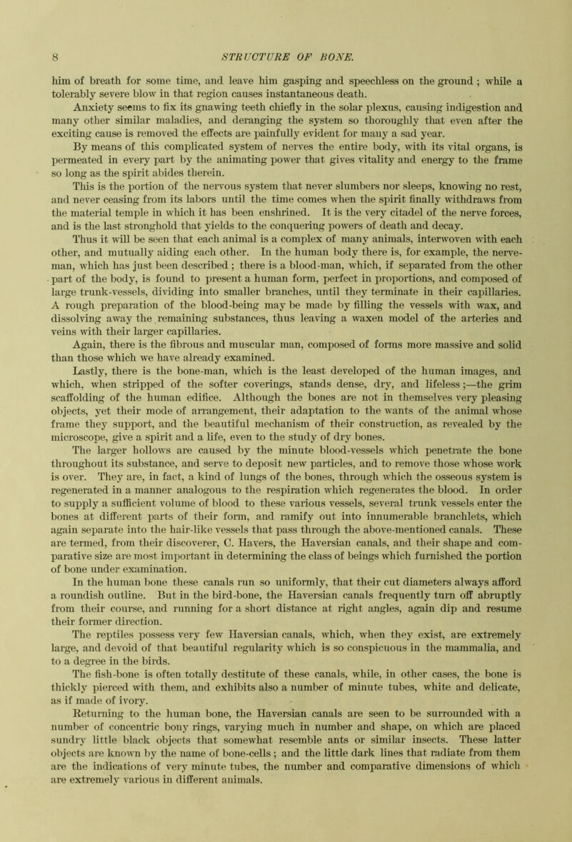 liim of breath for some time, and leave him gasping and speechless on the ground ; while a tolerably severe blow in that region causes instantaneous death. Anxiety seems to fix its gnawing teeth chiefly in the solar plexus, causing indigestion and many other similar maladies, and deranging the system so thoroughly that even after the exciting cause is removed the effects are painfidly evident for many a sad year. By means of this complicated system of nerves the entire body, with its vital organs, is permeated in every part by the animating power that gives vitality and energy to the frame so long as the spirit abides therein. This is the portion of the nervous system that never slumbers nor sleeps, knowing no rest, and never ceasing from its labors until the time comes when the spirit finally withdraws from the material temple in which it has been enshrined. It is the very citadel of the nerve forces, and is the last stronghold that yields to the conquering powers of death and decay. Thus it will be seen that each animal is a complex of many animals, interwoven with each other, and mutually aiding each other. In the human body there is, for example, the nerve- man, which has just been described ; there is a blood-man, which, if separated from the other . part of the body, is found to present a human form, perfect in proportions, and composed of large trunk-vessels, dividing into smaller branches, until they terminate in their capillaries. A rough preparation of the blood-being may be made by filling the vessels with wax, and dissolving away the remaining substances, thus leaving a waxen model of the arteries and veins with their larger capillaries. Again, there is the fibrous and muscular man, composed of forms more massive and solid than those which we have already examined. Lastly, there is the bone-man, which is the least developed of the human images, and which, when stripped of the softer coverings, stands dense, dry, and lifeless;—the grim scaffolding of the human edifice. Although the bones are not in themselves very pleasing objects, yet their mode of arrangement, their adaptation to the wants of the animal whose frame they support, and the beautiful mechanism of their construction, as revealed by the microscope, give a spirit and a life, even to the study of dry bones. The larger hollows are caused by the minute blood-vessels which penetrate the bone throughout its substance, and serve to deposit new particles, and to remove those whose work is over. They are, in fact, a kind of lungs of the bones, through which the osseous system is regenerated in a manner analogous to the respiration which regenerates the blood. In order to supply a sufficient volume of blood to these various vessels, several trunk vessels enter the bones at different parts of their form, and ramify out into innumerable branchlets, which again separate into the hair-like vessels that pass through the above-mentioned canals. These are termed, from their discoverer, C. Havers, the Haversian canals, and their shape and com- parative size are most important in determining the class of beings which furnished the portion of bone under examination. In the human bone these canals run so uniformly, that their cut diameters always afford a roundish outline. But in the bird-bone, the Haversian canals frequently turn off abruptly from their course, and running for a short distance at right angles, again dip and resume their former direction. The reptiles possess very few Haversian canals, which, when they exist, are extremely large, and devoid of that beautiful regularity which is so conspicuous in the mammalia, and to a degree in the birds. The fish-bone is often totally destitute of these canals, while, in other cases, the bone is thickly pierced with them, and exhibits also a number of minute tubes, white and delicate, as if made of ivory. Returning to the human bone, the Haversian canals are seen to be surrounded with a number of concentric bony rings, varying much in number and shape, on which are placed sundry little black objects that somewhat resemble ants or similar insects. These latter objects are kno-wn by the name of bone-cells ; and the little dark lines that radiate from them are the indications of very minute tubes, the number and comparative dimensions of which are extremely various in different animals.