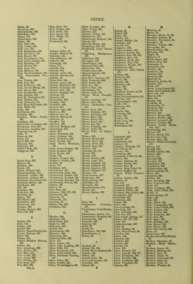 Diana, 43. Dicotyles, 615. Didelphyidae, 396. Didelphys, 393. Dingo, 355. Dipodomys, 503. Dipus, 4i«i. Dog, Bull, 340. Dog, Coach, 336. Dog, Cur, 335. Dog, Dalmatian, 336. Dog, Drover’s, 335. Dog, Eared, 373. Dog, Esquimaux, 308. Dog, Great Danish, 301. Dog, Hunting, 375. Dog, Hyena, 375. Dog, Lion, 314. Dog, Maltese, 814. Dog, Newfoundland, 306. Dog, Pomeranian Fox, 310. Dog, Prairie, 496. Dog, Pug, 353. Dog, Retriever, 330. Dog, Scotch Sheep, 334. Dog, Sheep, ^3. Dog, Shepherd’s, 333. Dog, Spaniel, 310. Dog, St. Bernard’s, 315. Dog, Thibet, 301. Dog, Turnspit, 3.51. Dog, Western Prairie, 498. Dog, Wild, 375. Dogs, 198. Dolichotis, 475. Dolphin, 4M. Dolphin, Bottle - Nosed, 445. Dolphins, 435. Dormouse, Common, 489. Dormouse, Fat, 488. Dormouse, Garden, 488. Douroucouli, 88. Drill, 71. Dsheren, 536. Dubb, 317. Duck BUI, 637. Dugong, 448. Dugongs, 447. Duyker Bok. 537. Dziggetai, 593. E. Earth Hog, 633. Earless, 89. Echidna, 639. Eland, 5i3. Eland, Striped, 543. Elasmognathus, 607. Elephant, Asiatic, 599. Elephant, African, 603. Elephant, Sea or Seal, 413. Elephant Shrew, 346. Elephants, 597. Elk, 560. Emgalla, 613. Enhydris, 305. Entellus, 33. Equus, 580. Erd Shrew, 347. Erethlzon, 473. Erinaceus, 354. Ermine, 3M. Ermine, Kane’s, 395. Eyra Cat, 155. F. Felidaj, 116. Felis, 158. Fennec, 373. Ferret, 380. Ferret, Black-Footed,39,S. Ferret. Polecat, 383. Fiber, 467. Finner, 435. Finner, Sulphur Bottom, 435. Fisher, 394. Fox, American, 369. Fox, Arctic, 371. Fox, Blue, 371. Fox, Coast, 372. Fox, Cross, 369. Fox, Fljing, 113. Fox, Gray, 373. Fox, Kit, 379. Von. L For, Pied, 371. Fox, Prairie, 373. Fox, Swift, 373. Fox, Sooty, 371. Fox, White, 371. Foxes, 367. Foxhound, 330. G. Galago, Little, 97. Galago, Moholi, 98. Gale my8, 353. Galeopithecus, 101. Galiciis, 395. Garangan, 189. Gaur, 517. Gazella, 534. Gazelle, 534. Gazelle, Ariel, 535. Gazelle, Dorcas, 535. Gelada, 56. Gems Bok, 538. Genett, Amer, 188. Genett, Blotched, 187. Genett, Common, 187. Genett, Pale, 187. Genett, Senegal, 187. Genetta, 187. Genetts, 187. Georayidae, 503. Geomys, 504. Gerbilles, 488. Gerboa, 487. Gerboa, Cape, 486. Gerboas, 486. Gibbon, Lar, 30. Gibbon, SUvery, 31. Gibbons, 30. Giraffes, 556. Glutton, 399. Glutton, Masked, 195. Glyptodon, 635. Gnoo, 533. Gnoo, Brindled, 534. Goat, Cashmir, 546. Goat, Domestic, 545. Goat, Jemlah, 543. Goat, Rocky Mountain, Goat, Snake-Eating, 546. Goat, Spanish, 546. Goat, Syrian, 546. Goats, 543. Gopher, Pocket, 504. Gophers, Pocket, 503. Gorilla, 15. Gour, 517. Grampus, 443. Greyhound, 303. Greyhound, Irish, 304. Greyhound, Italian, 805. Greyhound, Persian, 804. Greyhound, Russian, 804. Greyhound, Scotch, 304. Grison, 396. Grivet, 38. Grys Bok, 537. Guanaco, 559, 577, 578. Guchumbi, 336. Guenons, 43. Gueparda, 173. Guerez^ 37. Guinea Pig, 478. Gymnura, 353. H. Hackee, 494. Hackney, 586. Halichorus, 410. Halicore, 449. Halicyon, 410. Hiilluf, 615. Halmaturus, 380. Hamster, 460. Haplodon, 463. Haplodontidae, 463. Hare, 479. Hare, Alpine, 481. Hare, Cape Leaping, 486. Hare, Irish, 481. Hare, Kangaroo, 375. Hare, Little Chief, 483. Hare, Northern Varying, 481. Hare, Polar, 481. Hare, Prairie, 481. Hare, Trowbridge’s, 483. Hare, Variable, 481. Hare, Wood, 483. Harrier, 333. Harrier, Welsh, 337. Hartebeest, 535. Hartebeest, Bastard, 543. Haroja, 615. Harvest Mouse, 455. Hedgehog, 354, 355. Hedgehog, Long - Eared, 355. Hedgehog, Madagascar, 361. Helarctos, 334. Hemigale, 197. Hemltragus, 543. Hepoona Roo, 367. Herpestes, 189. Hesperomys, 460. Hippopotamus, 633. Hircus, .545. Hog-Deer, Spotted, 567. Hog, Domestic, 609. Hog, Earth, 633. Hog, Sea, 441. Honey Bear, 336. Hoonuman, 33. Horse, Arab, 583. Horse, Black Draught, 587 Horse, Carriage, 587. Horse, Cart, .589. Horse, Clydesdale Cart, 589. Horse, Dray, 588. Horse, Flemish, .587. Horse, Hackney, 586. Horse, Race, 583. Horse, River, 633. Horse, Road, 586. Horse, Sea, 410. Horse, Trotting, 583. Horse, Wild, 581. Horse, WUd, of Thibet, 593. Horses, 580. Hound, Blood, 317. Hound, Boar, 339. Hound, Otter, 337. Hound, Stag, 218. Hunter, ,584. Hunting Cat, 171. Huron, 296. Hyaena, 176. Hyena, Brown, 176. Hyena, Cape, 179. Hyena, Crested, 176. Hyena, Painted, 375. Hyena, Spotted, 170. Hyena, Striped, 175. Hyenas, 1T3. Hydrochoerus, 477. Hydromys, 469. Hydrophobia, 348. Hylobates, 30. Hylogale, 345. Hypsiprymnus, 374. Hyrax, 633. Hyrax, Syrian, 633. I. Ibex, .544. Ichneumon, Common, 190. Ichneumon, Crab-Eating, 190. Ichneumon, Indian, 191. Ichneumon, Javanese, 189. Ichneumons, 189. Impoofo, .543. Impoon, 537. Indri, 97. Indris, 98. Insectivora, 338, 344. Introduction, 1. Inuus, 49. J. Jacchus, 93. Jackal, 183, 356. Jackal, Black-Backed,358. Jaguar, 143. Jairou, 536. Jemlah Goat, 543. Jerboa Kangaroo, 374. Jerboidse, 487. Jharal, 543. B K. Kahau, 35. Kainsi, 538. Kalan, 305. Kalong, 113. Kalong, Edible, 114. Kalsiepie, 526. Kanchil, 573. Kangaroo, 376. Kangaroo Hare, 375. Kangaroo Jerboa, 374. Kangaroo Rat, 374, 503. Kangaroo, Red, 379. Kangaroo, Rock, 380. Kangaroo, Tree, 373. Kangaroo, Woolly, 379. Kangaroos, 363. Kangaroos, Nail - Tailed, 379. Keitloa, 630. Kentetes, 363. Kevel, 5^. Kholah, 356. Kholsun, 199. Khur, 593. Kiang, 593. Kindness, Power of, 39. Kinkajou, 336. King Charles Spaniels,313. Klip Das, 633. Klippspringer, 538. Koala, 371. Kobaolja, 631. Kob, 540. Koodoo, 543. Kookaam, 538. Korin, 536. Konlan, 593. Kuda Ayer, 008. Kukang, 96. Kusimanse, 193. L. Lagomys, 483. Lagotis, 485. Lamantine, 447. Laniger, 97. Lap<log. Mexican, 317. Lar Gibbon, 30. Lecama, 535. Lemming, 463. Lemming, Collared, 403. Lemur, 336. Lemur, Diadem, 95. Lemur, Flying, 101. Lemur, Red, 94. Lemur, Ring-Tailed, 93. Lemur, Ruffed, 93. Lemur, White - Fronted, 94. Lemur, Yellow, 336. Lemurs, 93. Leo, 118. Leopard, 137. Leopard, Black, 140. Leopard, Indian, 140. Leopard, Sea, or Seal, 400. Leopardus, 137. Leporldae, 479. Leptonyx, 401. Lepus, 479. Lerot, 488. Leucocephala, 88. Lion Dog, 314. Lion, Gambian, 136. Lion, Sea, 416. Lion, South African, 117. Llama, 559, 577, 579. Loire, 488. Lophiodontidae, 607. Loris, 96. Loris, Slender, 96. Loris, Slow-Paced, 96. Lurcher, 336. Lutra, 306. Luwack, 196. Lybicus, 165. Lycaon, 375. Lyncus, 171. Lynx, 168. Lynx, Booted, 170. Lynx, Canada, 169, 171. Lynx, European, 168. Lynx, Pardine, 160. Lynx, Southern, 169. Lynx, Virgatus, 171. Lynxes, lo5. M. Macacus, 47. Macao, 93. Macaque, Black, 51, 60. Macaque, Bonnet, 45. Macaque, Pig-tailed, 53. Macaques, 44. Macauco, Yellow, 336. Macropidae, 363 Macroscelides, 346. Madoqua, 538. Magot, 48. Maimon, 71. Makkeeshaw, 369. Maltese Dog, 314. Mammalia, 3. Mampalon, 194. Manatee, 447. Manatees, 447. Manatus, 447. Manaviri, 336. Mandrill, 68. Mangabey, Sooty, 43. Mangue, 193. Manis, 627. Manis, Long-Tailed, 637. Manis, Short-Tailed, 637. Manx Cat, 163. Mapach, 333. Mara, 475. Margay, 155. Marikina, 91. Marimonda, 77. Markhur, 546. Marmoset, 89. Marmot, 499. Marmot, Hoary, 501. Marmot, Hood’s, 498. Marmot, Leopard, 4i)8. Marmot, Poland, 499. Marmot, Rocky Moun- tain, .501. Marsupialia, 364. Marten, 376. Marten, Beech. 377. Marten Cals, 376. Marten, Pine, 376. Marten, White-Throated, 377. Martes, 378. Mastiff, 343. Mastiff, Cuban, 344. Mataco, 639. Maxile, 335. Mborebi, 606. Meerkat, 193. Megalonyx, 635. Megaptera, 436. Megapteriilse, 435. Melanocephala, 88. Meles, 304. Mephitis, 300. Merina 548. Mice, Jumping, 488. Mice, Pouched^, 391. Mink, 283. Mink, Common, 396. Mink, Little Black, 396. Miriki, 78. Moholi Galago, 98. Mohr, 536. Mole, 338. Mole, Blind, 503. Mole, Changeable, 343. Mole, Long-Tailed, 344. Mole, Oregon, 344. Mole, Prairie, 344. Mole, Radiated, 344. Mole, Rat, 503. Mole, Sand, 503. Mole, Shining, 343. Mole, Shrew, 343. Mole, Silver, 344. Mole, Star-Nosed, 344. . Mona, 41. Monjourou, 346. Monkey,Beautiful-Haired, 38. Monkey, Bhunder, 46. Monkey, Black Spider, 78. Monkey, Green, 38. Monkey, Hideous, 88. Monkey, Lion, 91. Monkey, Night, 89. Monkey, Proboscis, 35. Monkey, Silky, 91. Monkey Tribe, 13. Monkey, Weeper, 84.