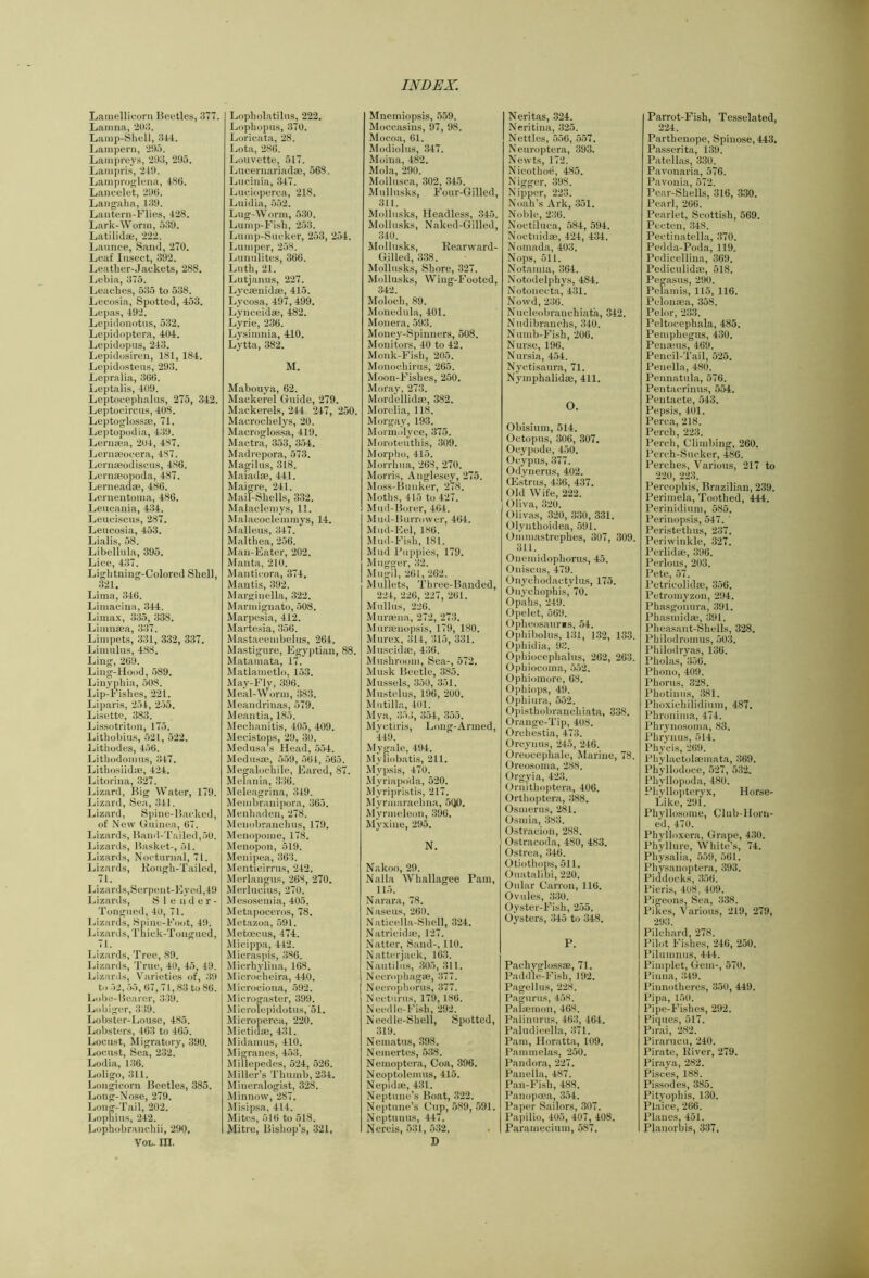 Lainellicorn Beetles, 377. Lanina, 203. Lamp-Shell, 34-4. Lanipeni, 29.7. Lampreys, 293, 295. Lampri.s, 249. Lamproglena, 486. Lancelet, 296. Langalia, 139. Laiitern-Flie.s, 428. Lark-Worm, 539. Latilidae, 222. Launce, Sand, 270. Leaf Insect, 392. Leatlier-.Jackets, 288. Lebia, 375. Leaches, 5.35 to 538. Lecosia, Spotted, 453. Lepas, 492. Lepidonotns, 532. Lepidoptera, 404. Lepidopus, 243. Lepidosiren, 181, 184. Lepidosteus, 293. Lepralia, .366. Leptalis, 409. Leptocephalus, 275, 342. Leptocircns, 408. Leptoglossse, 71. Leptopodia, 439. Lerncea, 204, 487. Lernajocera, 487. Lernseodiscus, 486. Lernseopoda, 487. Lerneadse, 486. Lernentoma, 486. Leucania, 434. Leuciscus, 287. Leucosia, 453. Lialis, 58. Libellula, 395. Lice, 437. Lightning-Colored Shell, 321. Lima, 346. Limacina, 344. Lima.x, 335, 338. Limnsea, 337. Limpets, 331, 332, 337. Limulus, 488. Ling, 269. Ling-Hood, 589. Liuyphia, 508. Lip-Fishes, 221. Liparis, 254, 255. Lisette, 383. Li.s.sotriton, 175. Lithobius, 521, 522. Lithodes, 456. Lithodomns, 347. Lithosiidae, 424. Litorina, 327. Lizanl, Big Water, 179. Lizard, Sea, 341. Lizard, Spine-Backed, of New (iiiinea, 67. Lizards, Band-Tailed,50. Lizai'ds, Basket-, 51. Lizards, Nocturnal, 71. Lizards, Kongh-Tailed, 71. Lizards,Serpent-Eyed,49 Lizards, Slender- Tongned, 40, 71. Lizards, Spine-Foot, 49. Lizards, Tbick-Tongiied, 71. Lizards, Tree, 89. Lizards, True, 40, 45, 49. Lizards, Varieties of, 39 to 52, .55, 67, 71,83 to 86. Lobe-Bearer, 339. Lobiger, 339. Lobster-Louse, 485. Lobsters, 463 to 465. Locust, Migratory, 390. Locust, Sea, 232. Lodia, 136. Loligo, 311. Longicorn Beetles, 385. Long-Nose, 279. Lon^-Tail, 202. Lophius, 242. Lophobranehii, 290, VoL. in. Lopholatilus, 222. Lopliopus, 370. Loricata, 28. Lota, 286. Louvette, 517. Lucernariadae, 568. Lucinia, 347. Lucioperca, 218. Luidia, 552. Lug-Worm, 530. Lump-Fish, 253. Lump-Sucker, 253, 254. Lumper, 258. Lunulites, 366. Luth, 21. Lutjanus, 227. Lycsenidae, 415. Lycosa, 497, 499. Lynceidse, 482. Lyrie, 236. Lysimnia, 410. Lytta, 382. M. Mabouya, 62. Mackerel Guide, 279. Mackerels, 244- 247, 250. Macrochelys, 20. Macroglo.s.sa, 419. Mactra, .353, 354. Madrepora, 573. Magilus, 318. Maiadae, 441. Maigre, 241. Mail-Shells, .3.32. Malaclemys, 11. Malacoclemmys, 14. Malleus, 347. Malthea, 256. Man-Eater, 202. Manta, 210. Manticora, 374. Mantis, 392. Marginella, .322. Marmignato, 508. Marpesia, 412. Martesia, 356. Mastacembelus, 264. M.astigure, Egyptian, 88. M.atam.'ita, 17. Matlametlo, 1.53. May-Fly, 396. Meal-Worm, 38.3. Meandrinas, 579. Meantia, 185. Mechanitis, 405, 409. Mecistops, 29. 30. Medusa ,s Head, 5.54. Medus®, 559, 561, 565. Me^alochile, Eared, 87. Melania, 336. Meleagrina, 349. Membranii)ora, 365. Menhaden, 278. Menobranchus, 179. Menopome, 178. Menopon, 519. Menipea, 363. Menticirrus, 242. Merlangus, 268, 270. Merlucius, 270. Mesosemia, 405. Metapoceros, 78. Metazoa, 591. Metoecus, 474. Micippa, 442. Micraspis, 386. Micrhylina, 168. Microcheira, 440. Microciona, 592. Microg.'ister, 399. Microrepidotus,'51. Microperca, 220. Micticnae, 431. Midamus, 410. Mijjranes, 453. Millepedes, 524, 526. Miller’s Thumb, 234. Mineralogist, 328. Minnow, 287. Misipsa, 414. Mites, 516 to 518. Mitre, Bishop’s, 321, Mnemiopsis, 559. Moccasins, 97, 98. Mocoa, 61. Modiolus, 347. Moina, 482. Mola, 290. Mollusca, 302, 345. Mullusks, Four-Gilled, 311. Mollusks, Headless, 345. Mollusks, Naked-Gilled, 340. Mollu.sks, Kearward- Gilled, 338. Mollusks, Shore, 327. Mollusks, Wing-Footed, 342. Moloch, 89. Monedula, 401. Monera, 593. Money-Spinners, 508. Monitors, 40 to 42. Monk-Fish, 205. Monochirus, 265. Moon-Fishes, 250. Moray, 273. Mordellid®, 382. Morelia, 118. Morgay, 193. Mormolyce, 375. Moroteuthis, 309. Morpho, 415. Morrhua, 268, 270. Morris, Anglesey, 275. Moss-Bunker, 278. Moths, 415 to 427. Mud-Borer, 464. Mud-Burrower, 464. Mud-Eel, 186. Mud-Fish, 181. Mud Puppies, 179. Mugger, 32. Mugn, 261,262. Mullets, Three-Banded, 224, 226, 227, 261. Mullus, 226. Murmna, 272, 273. Murienopsis, 179, 180. Murex, 314, 315, 331. Muscid®, 436. Mushroom, Sea-, 572. Musk Beetle, 385. Mussels, 3.50, 351. Mustelus, 196, 200. Mutilla, 401. Mya, 35,;, 354, .355. Myctiris, Long-Armed, 449. Mygale, 494. Myliobatis, 211. Mypsis, 470. Myriapoda, 520. Myripristis, 217. Myrmarachna, .5(J0. Myrmeleon, .396. Myxine, 295. N. Nakoo, 29. Nalla Whallagee Pam, 115. Narara, 78. Naseus, 260. Naticella-Shell, 324. Natricid®, 127. Natter, Sand-, 110. Natterjack, 163. Nautilus, 305, 311. Necrophag®, 377. Necrophorus, .377. Necturus, 179, 186. Needle-h'ish, 292. Needle-Shell, Spotted, 319. Nematus, 398. Nemertes, .538. Nemoptcra, Coa, 396. Neoptolemus, 415. Nepid®, 431. Neptune’s Boat, 322. Neptune’s Cup, 589, 591. Neptuuus, 447. Nereis, 531, 532. D Neritas, 324. Neritina, 325. Nettles, 556, 557. Neuroptera, 393. Newts, 172. Nicothoe, 485. Nigger, 398. Ser, 223. ’s Ark, 351. Nol)le, 236. Noctiluca, 584, 594. Noctnid®, 424, 434. Nomada, 403. Nops, 511. Notamia, 364. Notodelphys, 484. Notonecta, 431. Nowd, 236. Nucleobranchiata, 342. Nudibranchs, 340. Numb-Fish, 206. Nurse, 196. Nursia, 454. Nyctisaura, 71. Nymphalid®, 411. O. Obisium, 514. Octopus, 306, 307. Ocypode, 450. Ocypus, 377. Odynerus, 402. (E.strus, 436, 437. Old Wife, 222. Oliva, 320. Olivas, 320, 330, 331. Olynthoidea, 591. Omniastrephes, 307, 309. 311. Onemidophorus, 45. Oniscus, 479. Onychodactylus, 175. Onychophis, 70. Opahs, 249. Opelet, 569. Opheosaur«s, 54. Ophibolus, 131, 132, 133. Ophidia, 93. Ophiocephalus, 262, 263. Ophiocoma, 552. Ophiomore, 68. Ophiops, 49. Ophi lira, 552. Opisthobranchiata, 338. Orange-Tip, 408. Orchestia, 473. Orcynus, 245, 246. Oreocephale, Marine, 78. Oreosoma, 288. Orgyia, 423. Ornithoptera, 406. Orthoptera, 388. Osmerus, 281. Osmia, 383. Ostracion, 288. Ostracoda, 480, 483. Ostrea, 346. Otiothops, 511. Ouatalibi, 220. Onlar Carron, 116. Ovules, 330. Oyster-Fish, 255. Oysters, 345 to 348. P. Pachyglo.ss®, 71. Paddle-Fish, 192. Pagellus, 228. Pagurus, 458. Pal®mon, 468. Palin urus, 463, 464. Paludicella, 371. Pam, Horatta, 109. Pammelas, 250. Pandora, 227. Panella, 487. Pan-Fish, 488. Panopoea, 354. Paper Sailors, 307. Papilio, 405, 407, 408. Paramecium, 587. Parrot-Fish, Tesselated, 224. Parthenope, Spinose,443. Passerita, 139. Patellas, 330. Pavonaria, 576. Pavonia, 572. Pear-Shells, 316, 330. Pearl, 266. Pearlet, Scottish, 569. Pecten, 348. Pectinatella, 370. Pedda-Poda, 119. Pedicellina, 369. Pediculid®, 518. Pegasus, 290. Pelamis, 115, 116. Pelon®a, 358. Pelor, 233. Peltocephala, 485. Pemphegus, 430. Pen®ns, 469. Pencil-Tail, 526. Penella, 480. Pennatula, 576. Pentacrinus, 554. Pentacte, 543. Pepsis, 401. Perea, 218. Perch, 223. Perch, Climbing, 260. Perch-Sucker, 486. Perches, Various, 217 to 220, 223. Percophis, Brazilian, 239. Perimela, Toothed, 444. Perinidium, 585. Perinopsis, 547. ' Peristethus, 237. Periwinkle, 327. Perlid®, 396. Perlous, 203. Pete, 57. Petricolid®, 356. Petromyzon, 294. Phasgonura, 391. Phasmid®, 391. Pheasant-Shells, 328. Philodromus, 503. Pliilodryas, 136. Pholas, 356. Phono, 409. Phorns, 328. Photinns, :181. Phoxichilidinm, 487. Phi'onima, 474. Phrynosoma, 83. Phrynus, 514. Phycis, 269. Phylactohemata, 369. Phyllodoce, 527, 532. Pbyllopoda, 480. Phvllopteryx, Horse- tike, 291. Phyllosome, Club-Horn- ed, 470. Phylloxera, Grape, 430. Phyllure, White’s, 74. Physalia, 559, 561. Physanoptera, 393. Piddocks, 356. Pieris, 408, 409. Pigeons, Sea, 338. Pikes, Various, 219, 270, 293. Pilchard, 278. Pilot Fishes, 246, 250. Pilnmnus, 444. Pimplet, Gem-, 570. Pinna, 349. Pinnotheres, 350, 449. Pipa, 150. Pipe-Fishes, 292. Piques, 517. Pirai, 282. Piraruen, 240. Pirate, Hiver, 279. Piraya, 282. Pisces, 188. Pissodes, 385. Pityophis, 130. Plaice, 266. Planes, 451. Planorbis, 337,