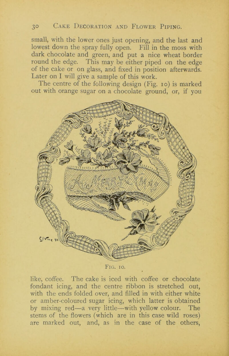 small, with the lower ones just opening, and the last and lowest down the spray fully open. Fill in the moss with dark chocolate and green, and put a nice wheat border round the edge. This may be either piped on the edge of the cake or on glass, and fixed in position afterwards. Later on I will give a sample of this work. The centre of the following design (Fig. io) is marked out with orange sugar on a chocolate ground, or, if you Fig. io. like, coffee. The cake is iced with coffee or chocolate fondant icing, and the centre ribbon is stretched out, with the ends folded over, and filled in with either white or amber-coloured sugar icing, which latter is obtained by mixing red—a very little—with yellow colour. The stems of the flowers (which are in this case wild roses) are marked out, and, as in the case of the others,