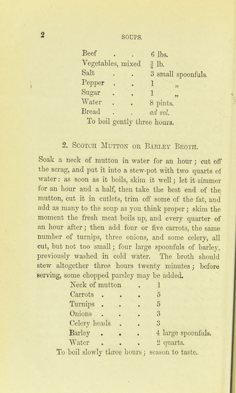 SOUPS. Beef Vegetables, mixed Salt Pepper . Sugar Water Bread 6 lbs. fib. 3 small spoonfuls. 1 1 S pints. acl vol. 11 To boil gently three hours. 2. Scotch Mutton or Barley Broth. Soak a neck of mutton in water for an hour; cut olF the scrag, and put it into a stew-pot with two quarts of water: as soon as it boils, skim it well; let it simmer for an hour and a half, then take the best end of the mutton, cut it in cutlets, trim off some of the fat, and add as many to the soup as you think proper; skim the moment the fresh meat boils up, and every quarter of an hour after; then add four or five carrots, the same number of turnips, three onions, and some celery, all cut, but not too small; four large spoonfuls of barley, previously washed in cold water. The broth should stew altogether three hours twenty minutes; before serving, some chopped parsley may be added. Neck of mutton . 1 Carrots . Turnips . Onions Celery heads Barley Water 5 5 4 large spoonfuls. 2 quarts. To boil slowly three hours; season to taste.