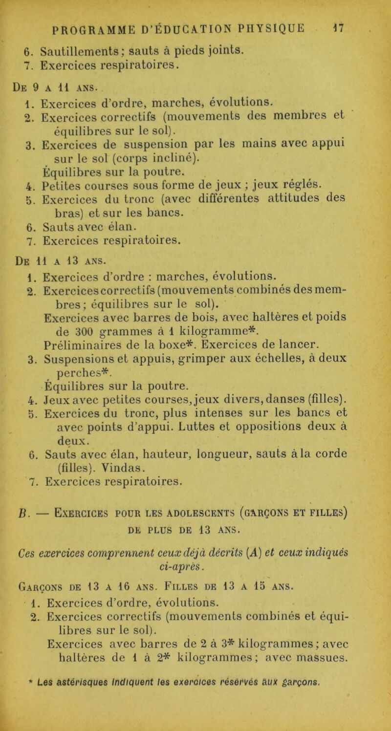 6. Sautillements; sauts à pieds joints. 7. Exercices respiratoires. De 9 a H ans. 1. Exercices d’ordre, marches, évolutions. 2. Exercices correctifs (mouvements des membres et équilibres sur le sol). 3. Exercices de suspension par les mains avec appui sur le sol (corps incliné). Équilibres sur la poutre. 4. Petites courses sous forme de jeux ; jeux réglés. 5. Exercices du tronc (avec différentes attitudes des bras) et sur les bancs. 6. Sauts avec élan. 7. Exercices respiratoires. De H a 13 ans. 1. Exercices d’ordre : marches, évolutions. 2. Exercicescorrectifs (mouvements combinés des mem- bres; équilibres sur le sol). Exercices avec barres de bois, avec haltères et poids de 300 grammes à 1 kilogramme*. Préliminaires de la boxe*. Exercices de lancer. 3. Suspensions et appuis, grimper aux échelles, à deux perches*. Équilibres sur la poutre. 4. Jeux avec petites courses, jeux divers, danses (filles). 0. Exercices du tronc, plus intenses sur les bancs et avec points d’appui. Luttes et oppositions deux à deux. 6. Sauts avec élan, hauteur, longueur, sauts à la corde (filles). Yindas. 7. Exercices respiratoires. B. — Exercices pour les adolescents (garçons et filles) DE PLUS DE 13 ANS. Ces exercices comprennent ceux déjà décrits (A) et ceux indiqués ci-après. Garçons de 13 a 16 ans. Filles de 13 a 15 ans. 1. Exercices d’ordre, évolutions. 2. Exercices correctifs (mouvements combinés et équi- libres sur le sol). Exercices avec barres de 2 à 3* kilogrammes; avec haltères de 1 à 2* kilogrammes; avec massues.