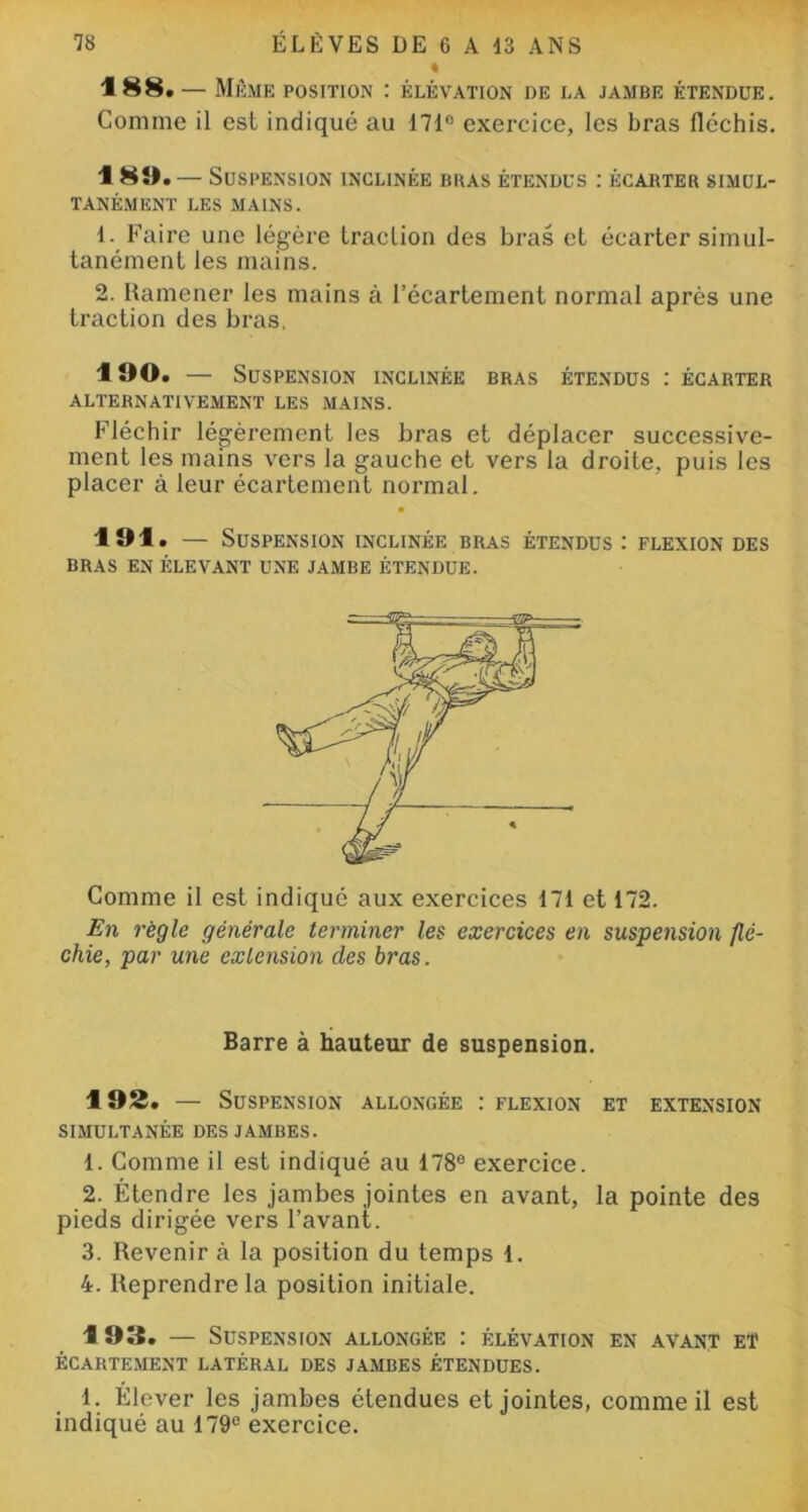 « 188. — Même position : élévation de la jambe étendue. Comme il est indiqué au 171° exercice, les bras fléchis. 1 89.— Suspension inclinée mus étendus : écarter simul- tanément LES MAINS. 1. Faire une légère traction des bras et écarter simul- tanément les mains. 2. Ramener les mains à l’écartement normal après une traction des bras. 190. — Suspension inclinée bras étendus : écarter ALTERNATIVEMENT LES MAINS. Fléchir légèrement les bras et déplacer successive- ment les mains vers la gauche et vers la droite, puis les placer à leur écartement normal. 191. — Suspension inclinée bras étendus : flexion des BRAS EN ÉLEVANT UNE JAMBE ÉTENDUE. Comme il est indiqué aux exercices 171 et 172. En règle générale terminer les exercices en suspension flé- chie, par une extension des bras. Barre à hauteur de suspension. 192. — Suspension allongée : flexion et extension SIMULTANÉE DES JAMBES. 1. Comme il est indiqué au 178° exercice. 2. Étendre les jambes jointes en avant, la pointe des pieds dirigée vers l’avant. 3. Revenir à la position du temps 1. 4. Reprendre la position initiale. \ 93. — Suspension allongée : élévation en avant et ÉCARTEMENT LATÉRAL DES JAMBES ÉTENDUES. 1. Élever les jambes étendues et jointes, comme il est indiqué au 179e exercice.