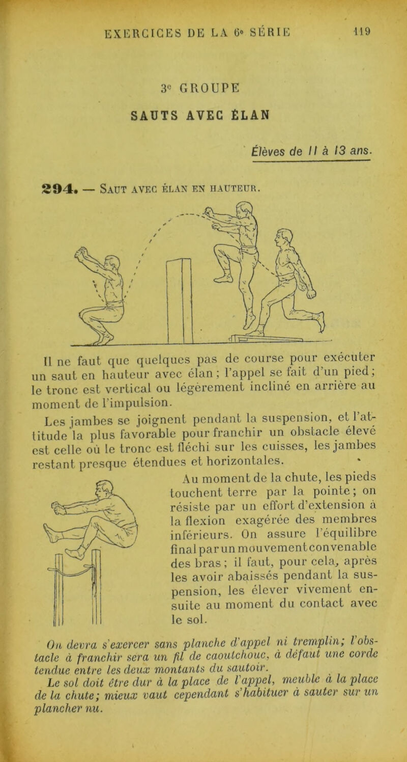 3e GROUPE SAUTS AVEC ELAN Élèves de II à 13 ans. 294. — Saut avec élan en hauteur. Il ne faut que quelques pas de course pour exécuter un saut en hauteur avec élan; 1 appel se fait d un pied, le tronc est vertical ou légèrement incliné en arrière au moment de l’impulsion. Les jambes se joignent pendant la suspension, et l’at- titude la plus favorable pour franchir un obstacle élevé est celle où le tronc est fléchi sur les cuisses, les jambes restant presque étendues et horizontales. Au moment de la chute, les pieds touchent terre par la pointe; on résiste par un effort d’extension à la flexion exagérée des membres inférieurs. On assure l’équilibre final par un mouvement convenable des bras; il faut, pour cela, après les avoir abaissés pendant la sus- pension, les élever vivement en- suite au moment du contact avec le sol. Ou devra s'exercer sans planche d'appel ni tremplin; I obs- tacle à franchir sera un fil de caoutchouc, à défaut une cordc tendue entre les deux montants du sautoir. , . , Le sol doit être dur à la place de l appel, meuble à la place de la chute; mieux vaut cependant s habituer à sauter sur un plancher nu.