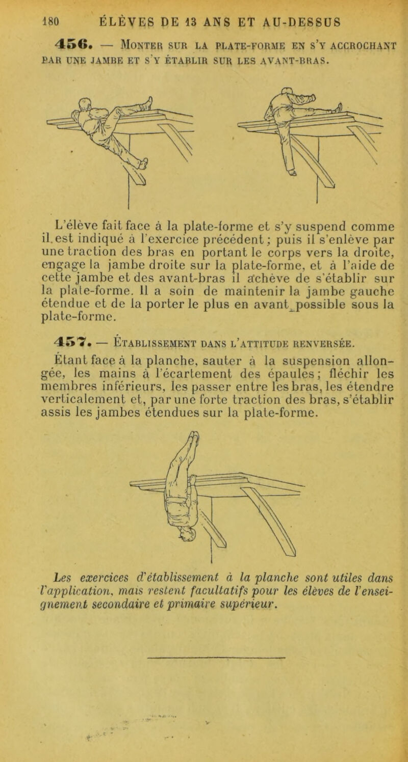 451». — Monte» sur la plate-forme en s’y accrochant £AR UNE JAMBE ET s'Y ÉTABLIR SUR LES AVANT-BRAS. L’élève fait face à la plate-forme et s’y suspend comme il.est indiqué à l’exercice précédent; puis il s’enlève par une traction des bras en portant le corps vers la droite, engagée la jambe droite sur la plate-forme, et à l’aide de cette jambe et des avant-bras il achève de s’établir sur la plate-forme. 11 a soin de maintenir la jambe gauche étendue et de la porter le plus en avant^possible sous la plate-forme. 45T. — Etablissement dans l’attitude renversée. Etant face à la planche, sauter à la suspension allon- gée, les mains à l’écartement des épaules; fléchir les membres inférieurs, les passer entre les bras, les étendre verticalement et, par une forte traction des bras, s’établir assis les jambes étendues sur la plate-forme. Les exercices d'établissement à la planche sont utiles dans l'application. mais restent facultatifs pour les élèves de l'ensei- gnement secondaire et primaire supérieur.