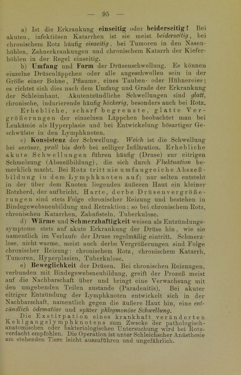 a) Ist die Erkrankung einseitig oder beiderseitig? Bei akuten, infektiösen Katarrhen ist sie meist beiderseitig, bei chronischem Rotz häufig einseitig, bei Tumoren in den Nasen- höhlen, Zahnerkrankungen und chronischem Katarrh der Kiefer- höhlen in der Regel einseitig. b) Umfang und Form der Drüsenschwellung. Es können einzelne Drüsenläppchen oder alle angeschwollen sein in der Größe einer Bohne, Pflaume, eines Tauben- oder Hühnereies; es richtet sich dies nach dem Umfang und Grade der Erkrankung der Schleimhaut. Akutentzündliche Schwellungen sind glatt, chronische, indurierende häufig höckerig, besonders auch bei Rotz. Erhebliche, scharf begrenzte, glatte Ver- größerungen der einzelnen Läppchen beobachtet mau bei Leukämie als Hyperplasie und bei Entwickelung bösartiger Ge- schwülste in den Lymphknoten. c) Konsistenz der Schwellung. Weich ist die Schwellung bei seröser, prall bis derb bei zelliger Infiltration. Erhebliche akute Schwellungen führen häufig (Druse) zur eitrigen Schmelzung (Abszeßbildung), die sich durch Fluktuation be- merklich macht. Bei Rotz tritt nie umfangreiche Abszeß- bildung in dem Lymphknoten auf; nur selten entsteht in der über dem Knoten liegenden äußeren Haut ein kleiner Rotzherd, der auf bricht. Harte, derbe Drüsen Vergröße- rungen sind stets Folge chronischer Reizung und bestehen in Bindegewebsneubildung und Retraktion : so bei chronischem Rotz, chronischen Katarrhen, Zahnfisteln, Tuberkulose. d) Warme und Schmerzhaftigkeit wreisen als Entzündungs- symptome stets auf akute Erkrankung der Drüse hin, wie sie namentlich im Verlaufe der Druse regelmäßig eintritt. Schmerz- lose, nicht warme, meist auch derbe Vergrößerungen sind Folge chronischer Reizung: chronischem Rotz, chronischem Katarrh, Tumoren, Hyperplasien, Tuberkulose. e) Beweglichkeit der Drüsen. Bei chronischen Reizungen, verbunden mit Bindegewebsneubildung, greift der Prozeß meist auf die Nachbarschaft Uber und bringt eine Verwachsung mit den umgebenden Teilen zustande (Paradenitis). Bei akuter eitriger Entzündung der Lymphknoten entwickelt sich in der Nachbarschaft, namentlich gegen die äußere Haut hin, eine ent- zündlich ödematösc und später phlegmonöse Schwellung. Die Exstirpation eines krankhaft veränderten Kehlgangslymphknotens zum Zwecke der pathologisch- anatomischen oder Bakteriologischen Untersuchung wird bei Rotz- verdacht empfohlen. Die Operation ist unter Schleichscher Anästhesie am stehenden Tiere leicht auszuführen und ungefährlich.