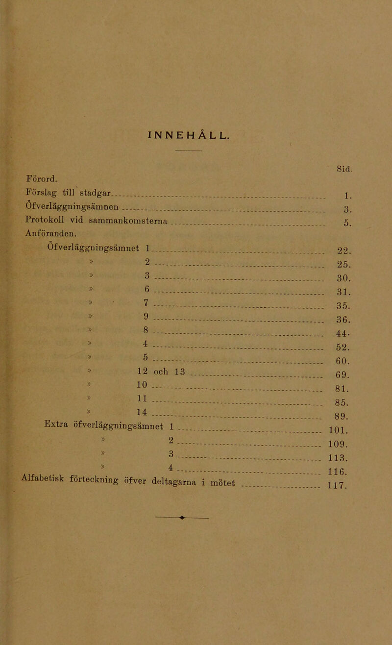 INNEHÅLL. i Sid. Förord. Förslag till stadgar j Öfverläggningsämnen 3 Protokoll vid sammankomsterna 5 Anföranden. Öfverläggningsämnet 1 22. * 2 - _ 25. * 3 30. 6 - - 31. * 7 - - . 35. 9 - — _ 36. * 8 - - 44- » 4 - - 52. 5 - - 60. 12 och 13 _ gg 10 - - - ’ ’ ” 81.’ 11 - 85. * 14 89. Extra öfverläggningsämnet 1 101 2 - - 109. * 3 ----- 113. 4 ... 116 Alfabetisk förteckning öfver deltagarna i mötet 117 +