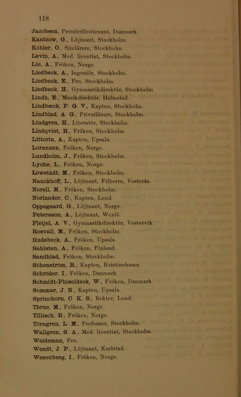 Jacobsen, Premierlieutenant, Danmark. Kantzow, G-., Löjtnant, Stockholm. Köhler, O., Simlärare, Stockholm. Levin, A., Med. licentiat, Stockholm. Lie, A., Fröken, Norge. Liedbeck, A., Ingeniör, Stockholm. Liedbeok, E., Fru, Stockholm. Liedbeck, H., Gymnastikdirektör, Stockholm. Lindh, E., Musikdirektör, Halmstad. Lindbseck, P. G. V., Kapten, Stockholm. Lindblad, A. G., Privatlärare, Stockholm. Lindgren, H., Literatör, Stockholm. Lindqvist, H, Fröken, Stockholm. Littorin, A., Kapten, Upsala. Lorenzen, Fröken, Norge. Lundholm, J., Fröken, Stockholm. Lyche, L., Fröken, Norge. Löwstädt, M., Fröken, Stockholm. Nauckhoff, L., Löjtnant, Friherre, Vesterås. Norell, M., Fröken, Stockholm. Norlander, C., Kapten, Lund. Oppegaard, G., Löjtnant, Norge. Petersson, A., Löjtnant, Wexiö. Pleijel, A. V., Gymnastikdirektör, Vestervik. Rosvall, M., Fröken, Stockholm. Rudebeck, A., Fröken, Upsala. Sahlsten, A., Fröken, Finland. Sandblad, Fröken, Stockholm. Schenström, R, Kapten, Kristinehamn. Schröder, I., Fröken, Danmark. Schmidt-Phiseldeck, W., Fröken, Danmark. Sommar, J. N., Kapten, Upsala. Sprinchom, C. K S., Rektor, Lund. Thrue, M., Fröken, Norge. Tillisch, B., Fröken, Norge. Törngren, L. M., Professor, Stockholm. Wallgren, S. A., Med. licentiat, Stockholm. Weideman, Fru. Wendt, J. P., Löjtnant, Karlstad. Wesenberg, I., Fröken, Norge.