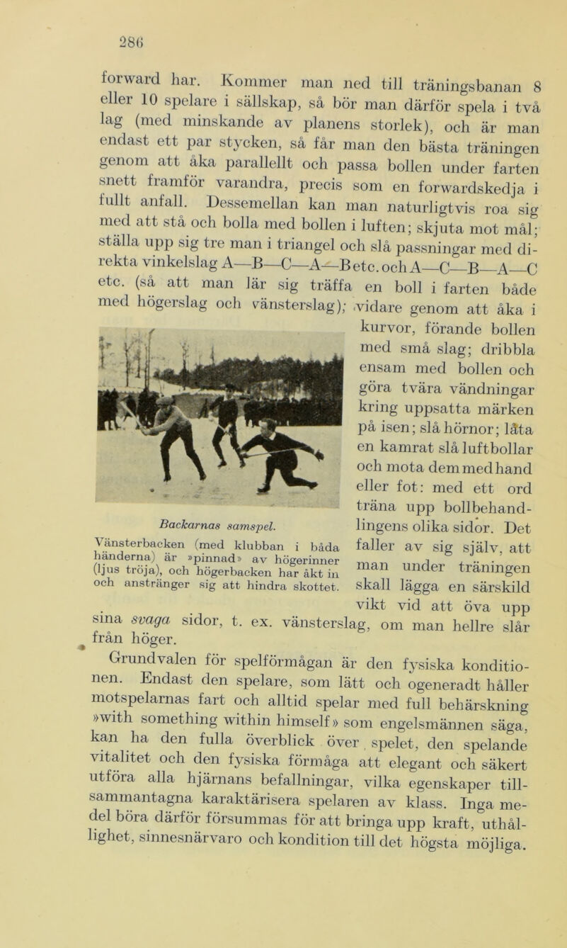 forward har. Kommer man ned till träningsbanan 8 eller 10 spelare i sällskap, så bör man därför spela i två lag (med minskande av planens storlek), och är man endast ett par stycken, så får man den bästa träningen genom att åka parallellt och passa bollen under farten snett framför varandra, precis som en forwardskedja i tullt anfall. Dessemellan kan man naturligtvis roa sig med att stå och bolla med bollen i luften; skjuta mot mål; ställa upp sig tre man i triangel och slå passningar med di- rekta vinkelslag A—B—C—A^-B etc. och A—C B A C etc. (sa att man lär sig träffa en boll i farten både med högerslag och vänsterslag); .vidare genom att åka i vikt vid att öva upp sma svaga sidor, t. ex. vänsterslag, om man hellre slår från höger. Grundvalen för spelförmågan är den fysiska konditio- nen. Endast den spelare, som lätt och ogeneradt håller motspelarnas fart och alltid spelar med full behärskning »with something within himself» som engelsmännen säga, kan ha den fulla överblick över spelet, den spelande vitalitet och den fysiska förmåga att elegant och säkert utföra alla hjärnans befallningar, vilka egenskaper till- sammantagna karaktärisera spelaren av klass. Inga me- del böra därför försummas för att bringa upp kraft, uthål- lighet, sinnesnärvaro och kondition till det högsta möjliga. Vänsterbacken (med klubban i båda händerna) är »pinnad» av högerinner (ljus tröja), och högerbacken har åkt in och anstränger sig att hindra skottet. Backarnas samspel. kurvor, förande bollen med små slag; dribbla ensam med bollen och göra tvära vändningar kring uppsatta märken på isen; slå hörnor; låta en kamrat slå luftbollar och mota dem med hand eller fot: med ett ord träna upp bollbehand- lingens olika sidor. Det faller av sig själv, att man under träningen skall lägga en särskild