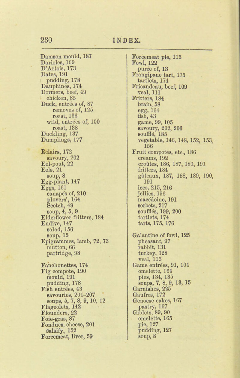 Damson moulil, 187 Darioles, 169 D’Artois, 173 Dates, 191 I pudding, 178 Dauphines, 174 Dormers, beef, 49 > chicken, 85 Duck, entre'cB of, 87 removes of, 125 roast, 136 wild, entrees of, 100 roast, 138 Duckling, 137 Dumplings, 177 Eclairs, 172 savoury, 202 Eel-pout, 22 Eels, 21 soup, 8 Egg-plant, 147 Eggs, 161 canapes of, 210 plovers’, 164 Scotch, 49 soup, 4, 5, 9 Elderflower fritters, 184 Endive, 147 salad, 156 soup,15 Epigrammes, lamb, 72, 73 mutton, 66 partridge, 98 Fanohonettes, 174 Fig compote, 190 mould, 191 pudding, 178 Fish entrees, 43 savouries, 204-207 soups, 5, 7, 8, 9, 10, 12 Flageolets, 142 Flounders, 22 Foie-gras, 87 Fondues, cheese, 201 salsify, 152 Forcemeat, liver, 59 Forcemeat pie, 113 Fowl, 122 pure'e of, 13 Frangipane tart, 175 tartlets, 174 Fricandeau, beef, 109 veal. 111 Fritters, 184 brain, 58 egg, 164 fisli, 43 game, 99, 105 savoury, 202, 206 souffle, 185 vegetable, 146, 148, 152, 153, 156 Fruit compotes, etc., 186 creams, 192 crohtes, 186, 187,189, 191 fritters, 184 gateaux, 187, 188, 189, 190, 191 ices, 215, 216 jellies, 196 mace'doine, 191 sorbets, 217 souffles, 199, 200 tartlets, 174 tarts, 175, 176 Galantine of fowl, 125 pheasant, 97 rabbit, 131 turkey, 128 veal, 113 Game entrees, 91, 104 omelette, 164 pies, 134, 135 soups, 7, 8, 9, 13, 15 Garnishes, 225 Gaufrcs, 172 Genoese cakes, 167 pastry, 167 Giblets, 89, 90 omelette, 165 pie, 127 pudding, 127 soup, 8