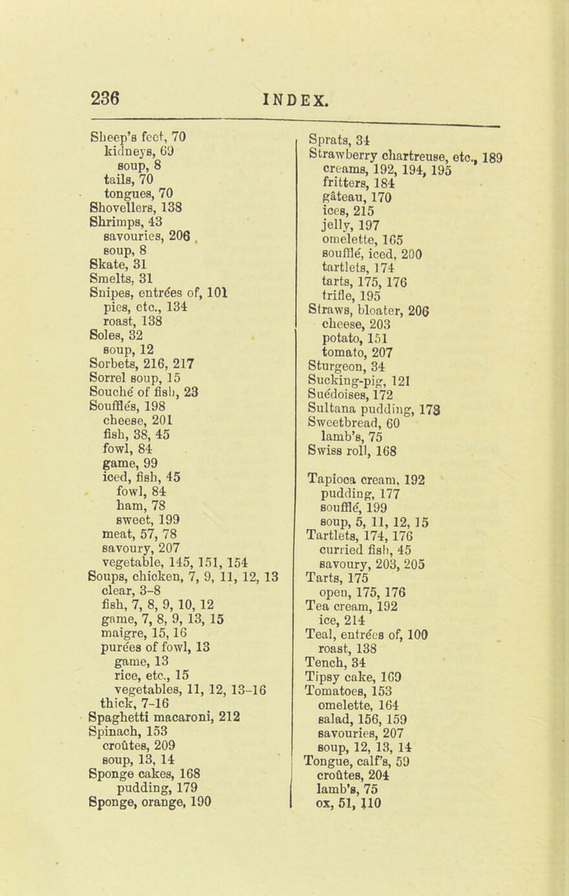 Sheep’s feet, 70 kidneys, 60 soup, 8 tails, 70 tongues, 70 Shovellers, 138 Shrimps, 43 savouries, 206 , soup, 8 Skate, 31 Smelts, 31 Snipes, entries of, 101 pies, etc., 134 roast, 138 Soles, 32 soup, 12 Sorbets, 216, 217 Sorrel soup, 15 Souche of fish, 23 SoufBes, 198 cheese, 201 fish, 38, 45 fowl, 84 game, 99 iced, fish, 45 fowl, 84 ham, 78 sweet, 199 meat, 57, 78 savoury, 207 vegetable, 145, 151, 154 Soups, chicken, 7, 9, 11, 12, 13 clear, 3-8 fish, 7, 8, 9, 10, 12 game, 7, 8, 9, 13, 15 maigre, 15,16 pure'es of fowl, 13 game, 13 rice, etc., 15 vegetables, 11, 12, 13-16 thick, 7-16 Spaghetti macaroni, 212 Spinach, 153 crohtes, 209 soup, 13, 14 Sponge cakes, 168 pudding, 179 Sponge, orange, 190 Sprats, 34 Strawberry chartreuse, etc., 189 creams, 192, 194, 195 fritters, 184 gateau, 170 ices, 215 jelly, 197 omelette, 165 souffle', iced, 200 tartlets, 174 tarts, 175,176 trifle, 195 Straws, bloater, 206 cheese, 203 potato, 151 tomato, 207 Sturgeon, 34 Sucking-pig, 121 Suedoises, 172 Sultana pudding, 173 Sweetbread, 60 lamb’s, 75 Swiss roll, 168 Tapioca cream, 192 pudding, 177 souffle', 199 soup, 5, 11, 12, 15 Tartlets, 174,176 curried fish, 45 savoury, 203, 205 Tarts, 175 open, 175,176 Tea cream, 192 ice, 214 Teal, entrees of, 100 roast, 138 Tench, 34 Tipsy cake, 169 Tomatoes, 153 omelette, 164 salad, 156, 159 savouries, 207 soup, 12, 13, 14 Tongue, calf’s, 59 crofites, 204 lamb’s, 75 ox, 51, 110
