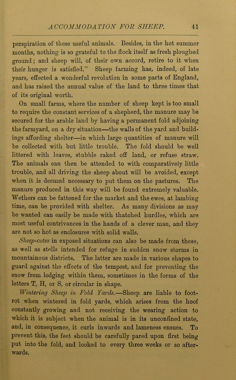perspiration of these useful animals. Besides, in the hot summer months, nothing is so grateful to the flock itself as fresh ploughed ground; and sheep will, of their own accord, retire to it when their hunger is satisfied.” Sheep farming has, indeed, of late years, effected a wonderful revolution in some parts of England, and has raised the annual value of the land to three times that of its original worth. On small farms, where the number of sheep kept is too small to require the constant services of a shepherd, the manure may be secured for the arable land by having a permanent fold adjoining the farmyard, on a dry situation—the walls of the yard and build- ings affording shelter—in which large quantities of manure will be collected with but little trouble. The fold should be well littered with leaves, stubble raked off land, or refuse straw. The animals can then be attended to with comparatively little trouble, and all driving the sheep about will be avoided, except when it is deemed necessary to put them on the pastures. The manure produced in this way will be found extremely valuable. Wethers can be fattened for the market and the ewes, at lambing time, can be provided with shelter. As many divisions as may be wanted can easily be made with thatched hurdles, which are most useful contrivances in the hands of a clever man, and they are not so hot as enclosures with solid walls. Sheep-cotes in exposed situations can also be made from these, as well as stells intended for refuge in sudden snow storms in mountainous districts. The latter are made in various shapes to guard against the effects of the tempest, and for preventing the snow from lodging within them, sometimes in the forms of the letters T, H, or S, or circular in shape. Wintering Sheep in Fold Yards.—Sheep are liable to foot- rot when wintered in fold yards, which arises from the hoof constantly growing and not receiving the wearing action to which it is subject when the animal is in its unconfined state, and, in consequence, it curls inwards and lameness ensues. To prevent this, the feet should be carefully pared upon first being put into the fold, and looked to every three weeks or so after- wards.