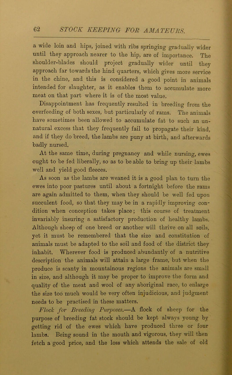 a wide loin and hips, joined with ribs springing gradually wider until they approach nearer to the hip, are of importance. The shoulder-blades should project gradually wider until they approach far towards the hind quarters, which gives more service in the chine, and this is considered a good point in animals intended for slaughter, as it enables them to accumulate more meat on that part where it is of the most value. Disappointment has frequently resulted in breeding from the overfeeding of both sexes, but particularly of rams. The animals have sometimes been allowed to accumulate fat to such an un- natural excess that they frequently fail to propagate their kind, and if they do breed, the lambs are puny at birth, and afterwards badly nursed. At the same time, during pregnancy and while nursing, ewes ought to be fed liberally, so as to be able to bring up their lambs well and yield good fleeces. As soon as the lambs are weaned it is a good plan to turn the ewes into poor pastures until about a fortnight before the rams are again admitted to them, when they should be well fed upon succulent food, so that they may be in a rapidly improving con- dition when conception takes place; this course of treatment invariably insuring a satisfactory production of healthy lambs. Although sheep of one breed or another will thrive on all soils, yet it must be remembered that the size and constitution of animals must be adapted to the soil and food of the district they inhabit. Wherever food is produced abundantly of a nutritive description the animals will attain a large fi’ame, but when the produce is scanty in mountainous regions the animals are small in size, and although it may be proper to improve the form and quality of the meat and wool of any aboriginal race, to enlarge the size too much would be very often injudicious, and judgment needs to be practised in these matters. Flock for Breeding Purposes.—A flock of sheep for the purpose of breeding fat stock should be kept always young by getting rid of the ewes which have produced three or four lambs. Being sound in the mouth and vigorous, they will then fetch a good price, and the loss which attends the sale of old