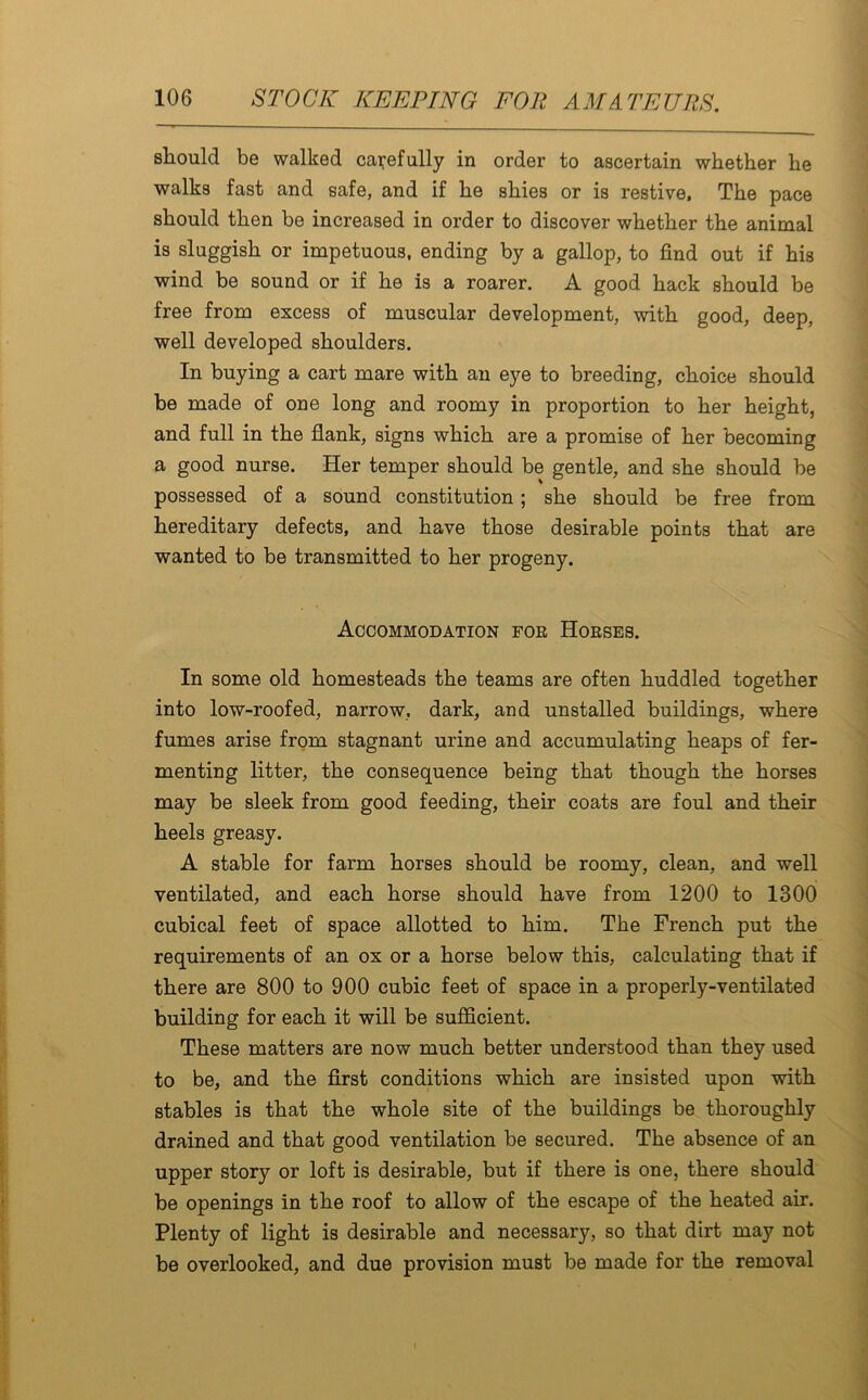 should be walked carefully in order to ascertain whether he walks fast and safe, and if he shies or is restive. The pace should then be increased in order to discover whether the animal is sluggish or impetuous, ending by a gallop, to find out if his wind be sound or if he is a roarer. A good hack should be free from excess of muscular development, with good, deep, well developed shoulders. In buying a cart mare with an eye to breeding, choice should be made of one long and roomy in proportion to her height, and full in the flank, signs which are a promise of her becoming a good nurse. Her temper should be gentle, and she should be possessed of a sound constitution; she should be free from hereditary defects, and have those desirable points that are wanted to be transmitted to her progeny. Accommodation for Horses. In some old homesteads the teams are often huddled together into low-roofed, narrow, dark, and unstalled buildings, where fumes arise from stagnant urine and accumulating heaps of fer- menting litter, the consequence being that though the horses may be sleek from good feeding, their coats are foul and their heels greasy. A stable for farm horses should be roomy, clean, and well ventilated, and each horse should have from 1200 to 1300 cubical feet of space allotted to him. The French put the requirements of an ox or a horse below this, calculating that if there are 800 to 900 cubic feet of space in a properly-ventilated building for each it will be sufficient. These matters are now much better understood than they used to be, and the first conditions which are insisted upon with stables is that the whole site of the buildings be thoroughly drained and that good ventilation be secured. The absence of an upper story or loft is desirable, but if there is one, there should be openings in the roof to allow of the escape of the heated air. Plenty of light is desirable and necessary, so that dirt may not be overlooked, and due provision must be made for the removal