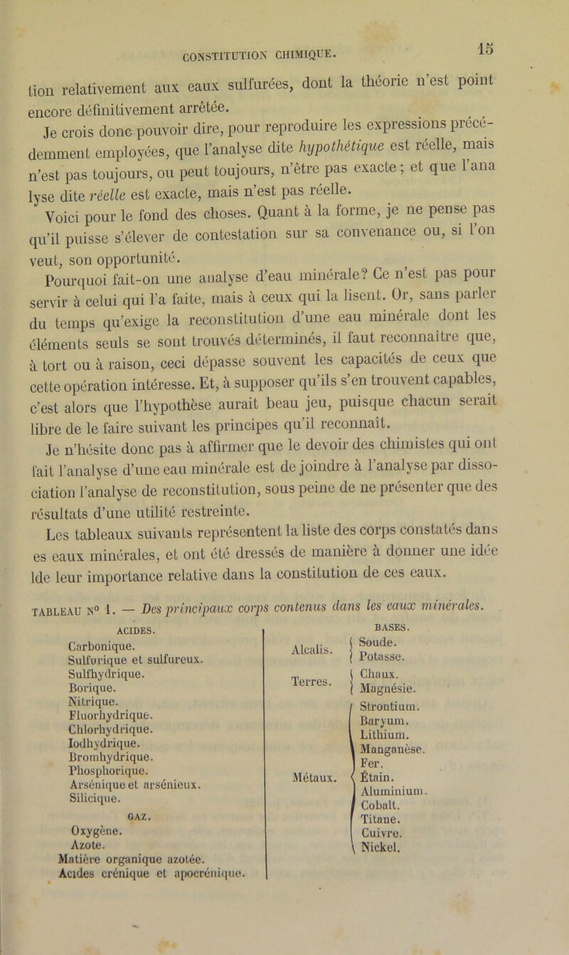 lion relativement aux eaux sulfurées, dont la théorie n est point encore définitivement arrêtée. Je crois donc pouvoir dire, pour reproduire les expressions précé- demment employées, que l’analyse dite hypothétique est réelle, mais n’est pas toujours, ou peut toujours, n’être pas exacte; et que 1 ana lyse dite réelle est exacte, mais n est pas i celle. Voici pour le fond des choses. Quant à la forme, je ne pense pas qu’il puisse s’élever de contestation sur sa convenance ou, si l’on veut, son opportunité. Pourquoi fait-on une analyse d’eau minérale? Ce n est pas pour servir à celui qui l’a faite, mais à ceux qui la lisent. Or, sans parlei du temps qu’exige la reconstitution d’une eau minérale dont les éléments seuls se sont trouvés déterminés, il faut reconnaître que, à tort ou à raison, ceci dépasse souvent les capacités de ceux que cette opération intéresse. Et, à supposer qu’ils s en trouvent capables, c’est alors que l’hypothèse aurait beau jeu, puisque chacun serait libre de le faire suivant les principes qu’il reconnaît. Je n’hésite donc pas à affirmer que le devoir des chimistes qui ont fait l’analyse d’une eau minérale est de joindre à 1 analyse par disso- ciation l’analyse de reconstitution, sous peine de ne présentei que des résultats d’une utilité restreinte. Les tableaux suivants représentent la liste des corps constatés dans es eaux minérales, et ont été dressés de maniéré a donnei une idée lde leur importance relative dans la constitution de ces eaux. tableau n° 1. — Des principaux corps contenus dans les eaux minérales. ACIDES. Carbonique. Sulfurique et sulfureux. Sulfhydrique. Borique. Nitrique. Fluorhydrique. Chlorhydrique. Iodhydrique. Bromhydrique. Pliosphorique. Arsénique et arsénieux. Silicique. GAZ. Oxygène. Azote. Matière organique azotée. Acides crénique et apocrénique. Alcalis. BASES. ( Soude, j Potasse. Terres. Métaux. ( Chaux. | Magnésie. r Strontium. Baryum. Lithium. Manganèse. Fer. ! Étain. Aluminium. Cobalt. Titane. Cuivre. Nickel.