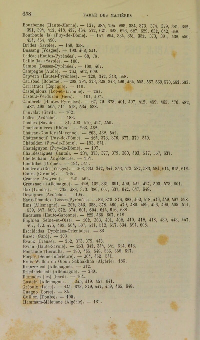 6S8 Bourbonne (Haute-Marne). — 127, 285, 294, 295, 334, 373, 374, 379, 381 382 391, 394, 412, 418, 427, 464, 572, 621, 623, 626, 627, 629, 632, 642, 648! Bourboule (la) (Puy-de-Dôme). - 147, 294, 334, 351, 352, 373, 391, 438, 450 454, 464, 490. Brides (Savoie). — 150, 358. Bussang (Vosges). — 193. 462, 541. Cadéac (Hautes-Pyrénées). — 68, 78. Caille (la) (Savoie). — 100. Cambo (Basses-Pyrénées). — 100, 407. Campagne (Aude). — 262, 462, 609. Capvern (Hautes-Pyrénées). — 220, 342, 343, 548. Carlsbad (Bohème). — 209, 294, 323, 329, 343, 426, 464, 555, 567,569,570,582,583. Carratraca (Espagne). — 110. Casteljaloux (Lot-et-Garonne). — 262. Castera-Verduzan (Gers). — 101, 407. Cauterets (Hautes-Pyrénées). — 67, 79, 373, 401, 407, 412, 459, 465, 476, 482 487, 499, 505, 511, 513, 534, 538. Cauvalat (Gard). — 102. Celles (Ardèche). — 183. Challes (Savoie). — 81, 403, 410, 427, 450. Charbonnières (Rhône). — 263, 462. Château-Gontier (Mayenne). — 263, 462, 541. Chàteauneuf (Puy-de-Dôme). - 164, 373, 376, 377, 379 540. Châteldon (Puy-de-Dôme). — 193, 541. Chatelguyon (Puy-de-Dôme). — 197. Chaudesaigues (Cantal). — 234, 373, 377, 379, 383, 403, 547, 557, 637. Cheltenham (Angleterre). — 154. Condillac (Drôme). — 194, 541. Contrexéville (Vosges). — 203, 332, 342, 344, 353, 573, 582, 583, 584, 614, 615, 616. Cours (Gironde). — 264. Cransac (Aveyron). — 221, 462. Creuznach (Allemagne). — 122, 132, 331, 391, 409, 421, 427, 503, 573, 601. Dax (Landes). — 235, 288, 373, 380, 607, 637, 642, 647, 648. Desaignes (Ardèche). —194. Eaux-Chaudes (Basses-Pyrénées). — 82, 373, 376, 383, 402, 418, 446, 459, 597, 598. Ems (Allemagne). — 202, 343, 358, 378, 460, 479, 480. 489, 496, 499, 505, 511, 539, 547, 569, 572, 574, 601, 604, 614, 616, 638. Encausse (Haute-Garonne). — 222, 465, 607, 648. Enghien (Seine-et-Oise). — 102, 383, 401, 402, 410, 412, 418, 439, 443, 447, 467, 472, 476, 499, 504, 507, 511, 512, 517, 534, 594, 608. Escaldadas (Pyrénées-Orientales). —83. Euzet (Gard). — 103. Evaux (Creuse). — 252, 373, 379, 443. Evian (Haute-Savoie). — 253, 342, 344, 541, 614, 616. Foncaude (Hérault). — 180, 465, 548, 556, 558, 617. Forges (Seine-Inférieure). — 264, 462. 541. Frais-Wallon ou Oïoun Sckhakhna (Algérie). 186. Franzezbad (Allemagne). — 212. Friedrichshall (Allemagne). — 230. Fumades (les) (Gard). — 104. Gastein (Allemagne). — 245, 419, 451, 64t. Gréoulx (Isère). — 141, 373, 379, 447, 459, 465, 648. Guagno (Corse). — 84. Guillon (Doubs). — 105. Hammara-Mélouane (Algérie). — 131.