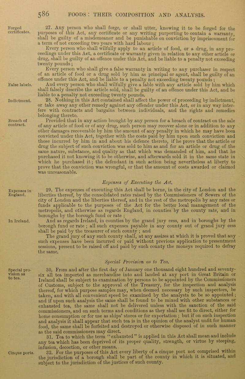 Forged certificates. False labels. Indictment. Breach of contract. Expenses in England. In Ireland. Special pro- vision as to tea. Cinque ports. 27. Any person who shall forge, or shall utter, knowing it to be forged for the purposes of this Act, any certificate or any writing purporting to contain a warranty, shall be guilty of a misdemeanor and be punishable on conviction by imprisonment for a term of not exceeding two years with hard labour ; Every person who shall wilfully apply to an article of food, or a drug, in any pro- ceedings under this Act, a certificate or warranty given in relation to any other article or drug, shall be guilty of an offence under this Act, and be liable to a penalty not exceeding twenty pounds; Every person who shall give a false warranty in writing to any purchaser in respect of an article of food or a drug sold by him as principal or agent, shall be guilty of an offence under this Act, and be liable to a penalty not exceeding twenty pounds ; And every person who shall wilfully give a lable with any article sold by him which shall falsely describe the article sold, shall be guilty of an offence under this Act, and be liable to a penalty not exceeding twenty pounds. 28. Nothing in this Act contained shall affect the power of proceeding by indictment, or take away any other remedy against any offender under this Act, or in any way inter- fere with contracts and bargains between individuals, and the rights and remedies belonging thereto. Provided that in any action brought by any person for a breach of contract on the sale of any article of food or of any drug, such person may recover alone or in addition to any other damages recoverable by him the amount of any penalty in which he may have been convicted under this Act, together with the costs paid by him upon such conviction and those incurred by him in and about his defence thereto, if he prove that the article or drug the subject of such conviction was sold to him as and for an article or drug of the same nature, substance, and quality as that which was demanded of him, and that he purchased it not knowing it to be otherwise, and afterwards sold it in the same state in which he purchased it; the defendant in such action being nevertheless at liberty to prove that the conviction was wrongful, or that the amount of costs awarded or claimed was unreasonable. Expenses of Executing the Act. 29. The expenses of executing this Act shall be borne, in the city of London and the liberties thereof, by the consolidated rates raised by the Commissioners of Sewers of the city of London and the liberties thereof, and in the rest of the metropolis by any rates or funds applicable to the purposes of the Act for the better local management of the metropolis, and otherwise as regards England, in counties by the county rate, and in boroughs by the borough fund or rate ; And as regards Ireland, in counties by the grand jury cess, and in boroughs by the borough fund or rate ; all such expenses payable in any county out of grand jury cess shall be paid by the treasurer of such county ; and The grand jury of any such county shall, at any assizes at which it is proved that any such expenses have been incurred or paid without previous application to presentment sessions, present to be raised off and paid by such county the moneys required to defray the same. Special Provision as to Tea. 30. From and after the first day of January one thousand eight hundred and seventy- six all tea imported as merchandise into and landed at any port in Great Britain or Ireland shall be subject to examination by persons to be appointed by the Commissioners of Customs, subject to the approval of the Treasury, for the inspection and analysis thereof, for which purpose samples may, when deemed necessary by such inspectors, be taken, and with all convenient speed be examined by the analysts to be so appointed ; and if upon such analysis the same shall be found to be mixed with other substances or exhausted tea, the same shall not be delivered unless with the sanction of the said commissioners, and on such terms and conditions as they shall see fit to direct, either for home consumption or for use as ships’ stores or for exportation ; but if on such inspection and analysis it shall appear that such tea is in the opinion of the analyst unfit for human food, the same shall be forfeited and destroyed or otherwise disposed of in such manner as the said commissioners may direct. 31. Tea to which the term “exhausted ” is applied in this Act shall mean and include any tea which has been deprived of its proper quality, strength, or virtue by steeping, infusion, decoction, or other means. _ 32. For the purposes of this Act every liberty of a cinque port not comprised witlnn the jurisdiction of a borough shall be part of the county in which it is situated, and subject to the jurisdiction of the justices of such county.